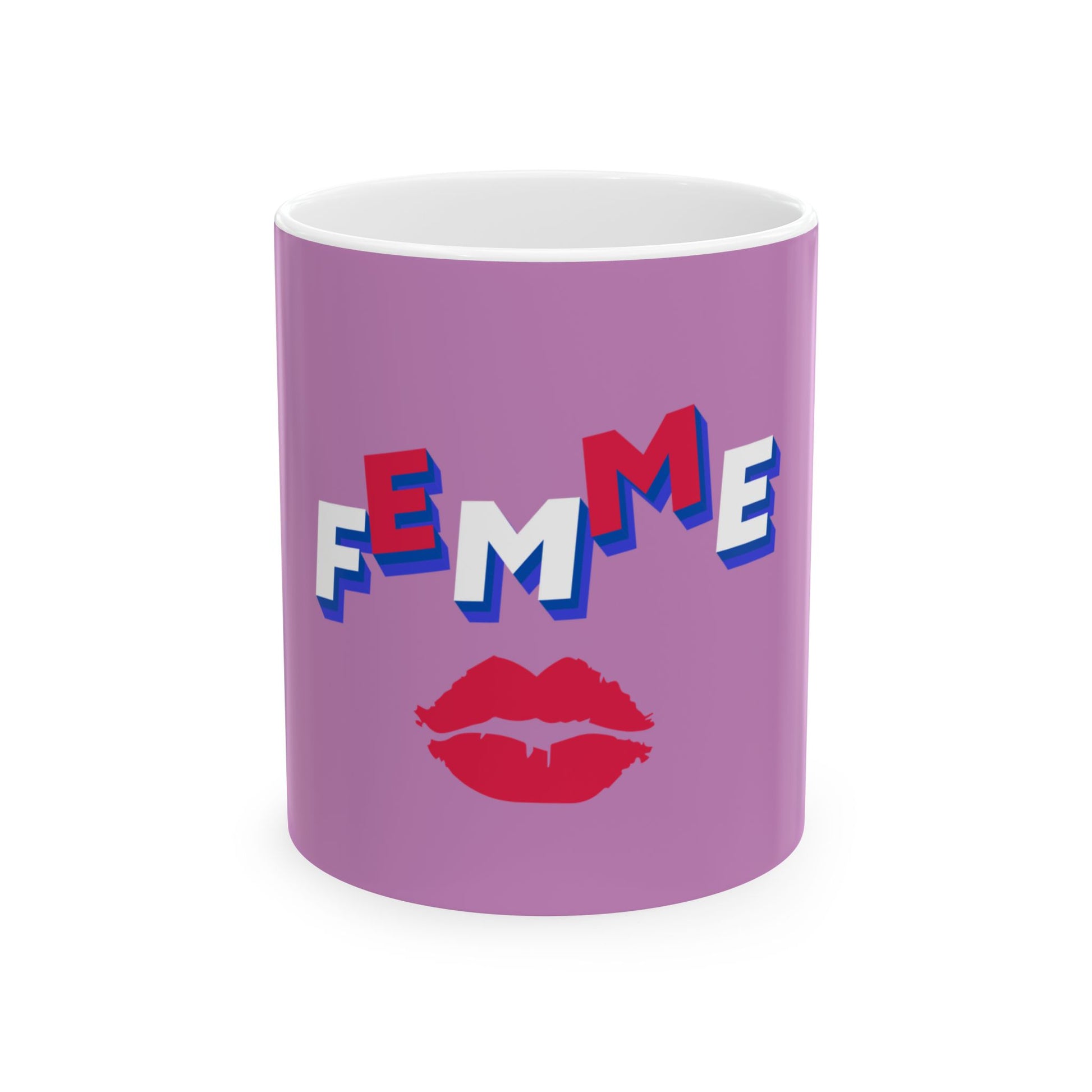 Purple mug with 'Femme' text and red lips on a white background