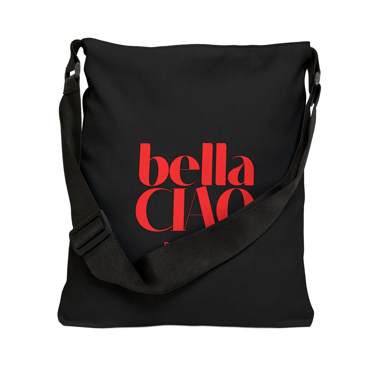 Black shoulder bag with 'bella CIAO' text in red on a white background