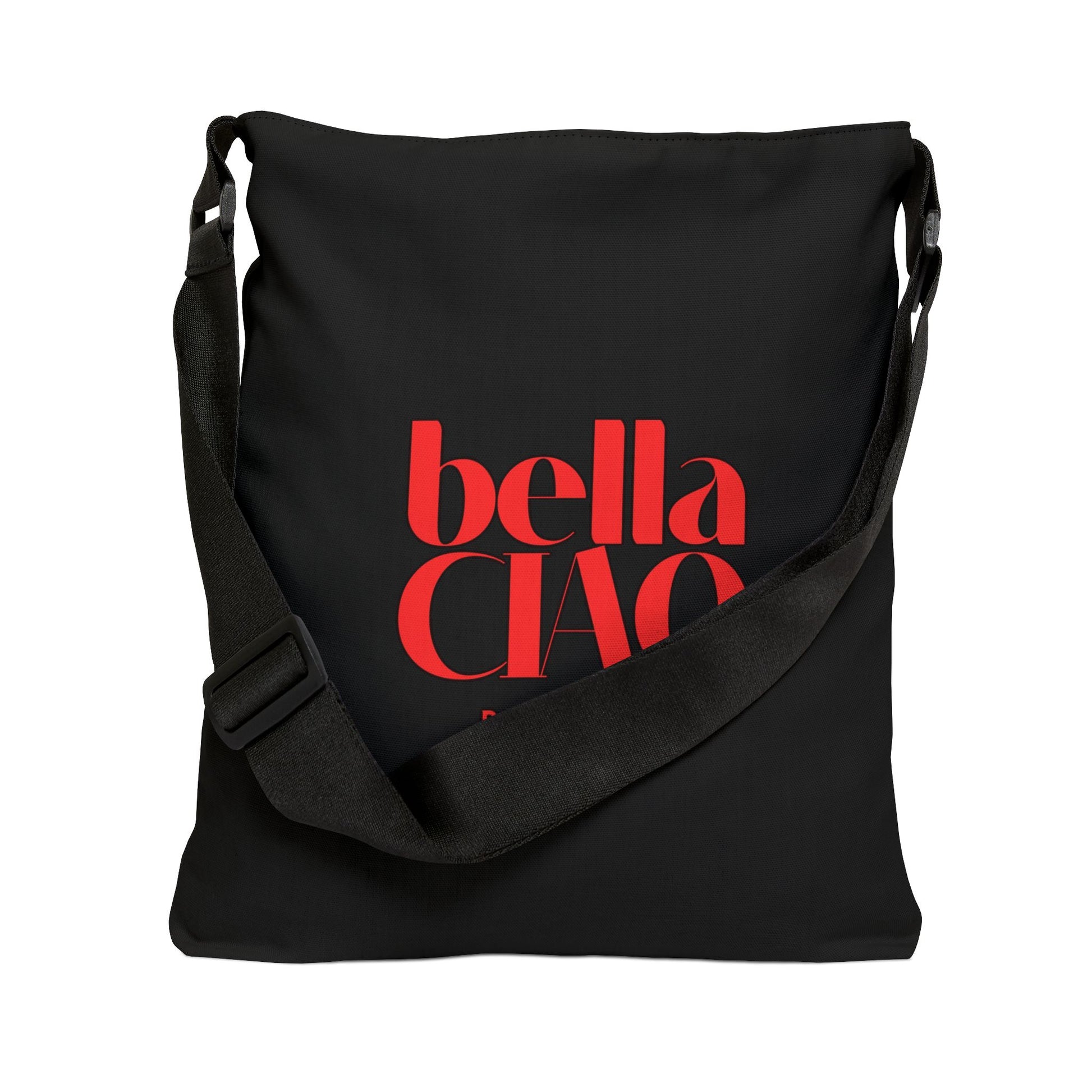 Black shoulder bag with 'bella CIAO' text in red on a white background