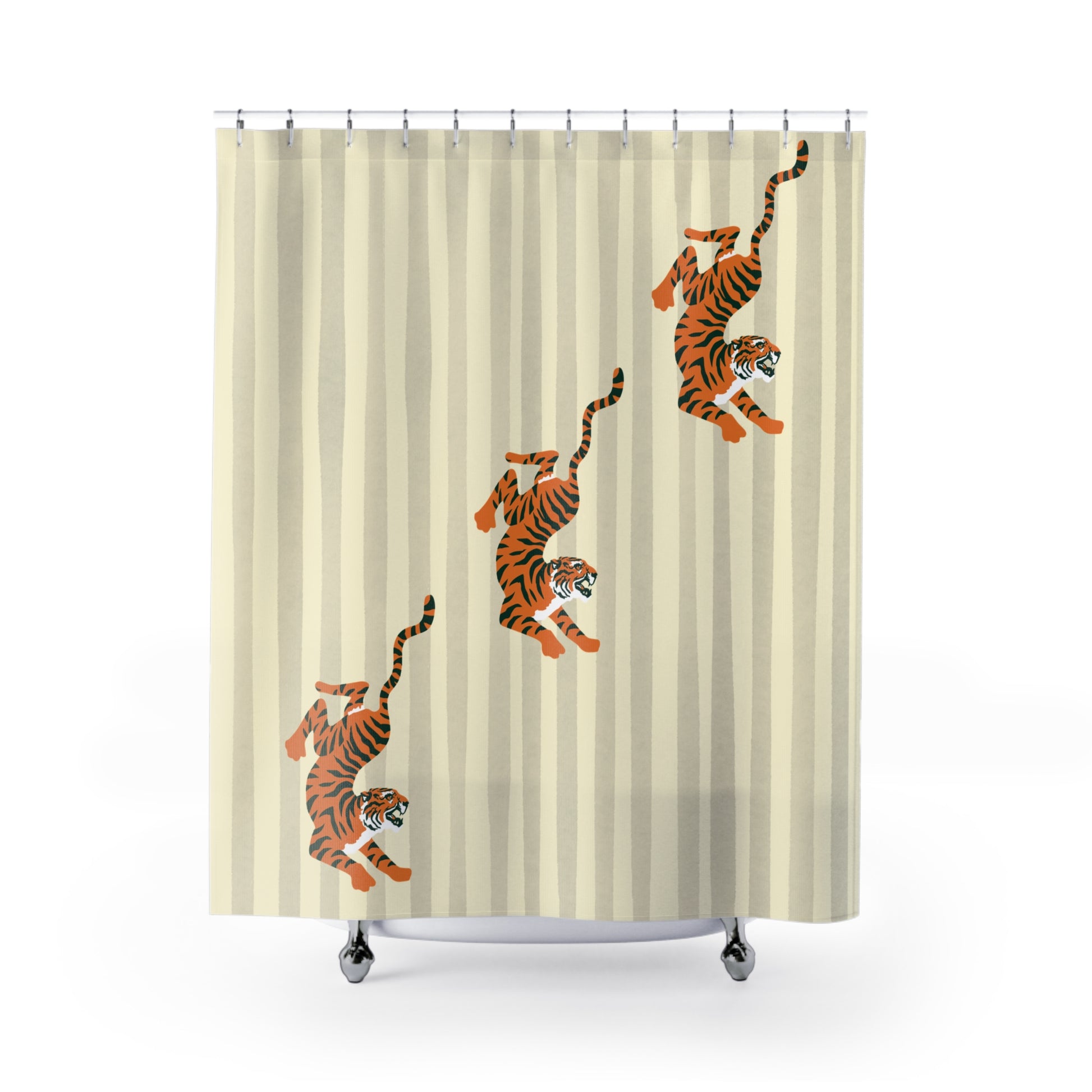 Shower curtain with striped pattern and tiger illustrations on a beige background