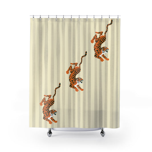 Shower curtain with striped pattern and tiger illustrations on a beige background