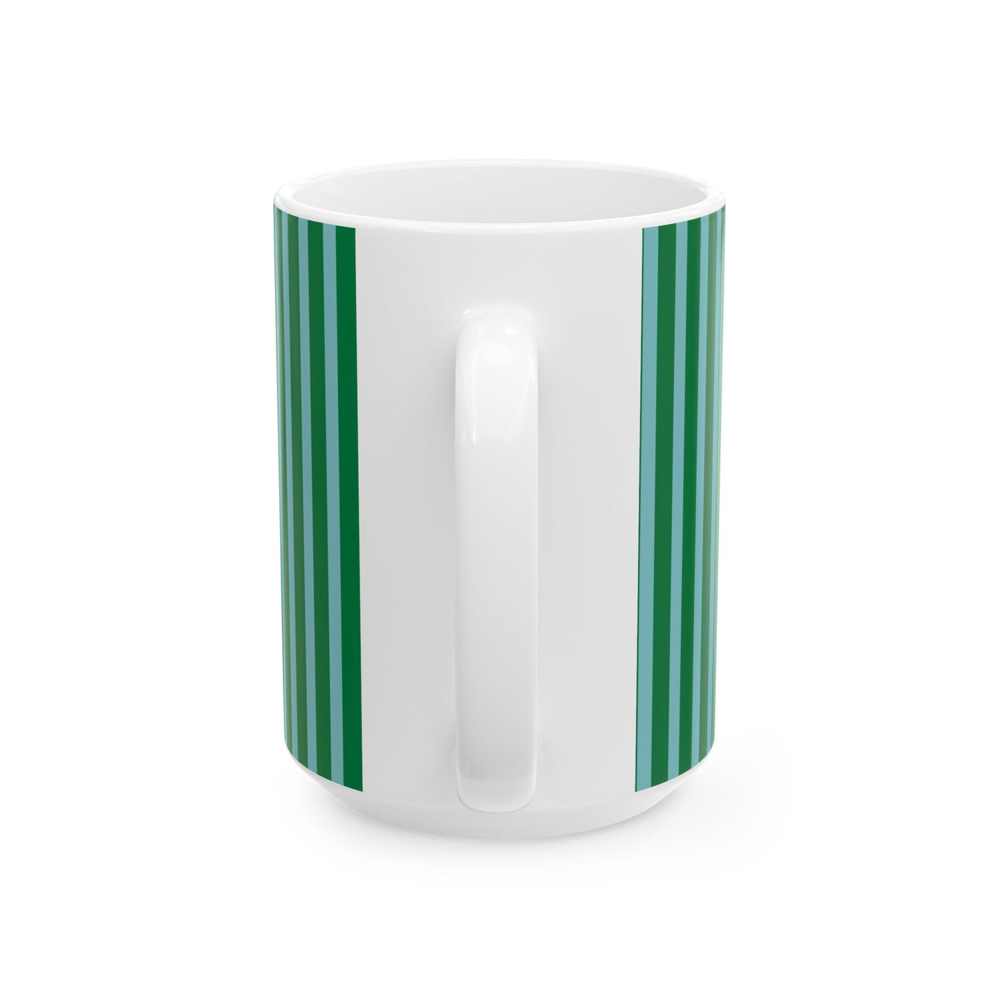A white ceramic mug with two vertical stripes on each side in shades of green, set against a plain white background.