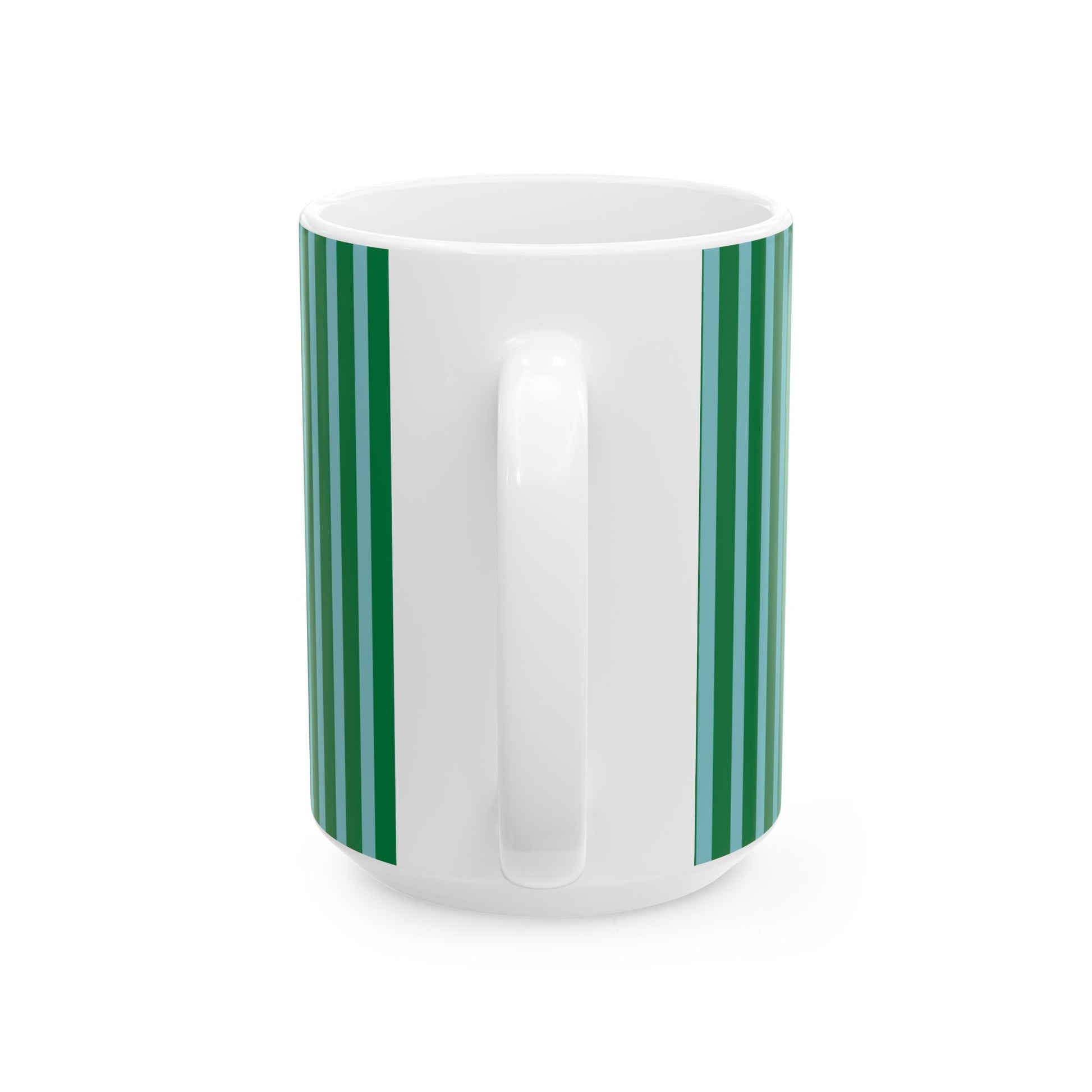A white ceramic mug with two vertical stripes on each side in shades of green, set against a plain white background.