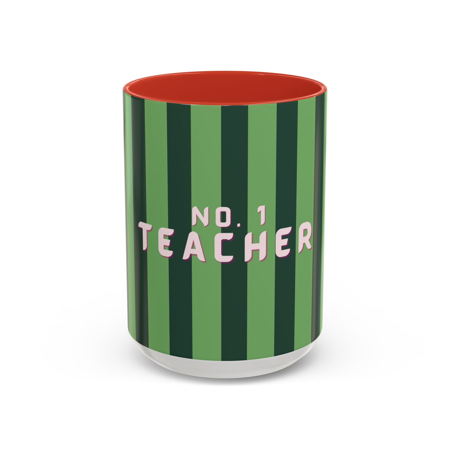 Striped mug with 'No. 1 Teacher' text on a white background