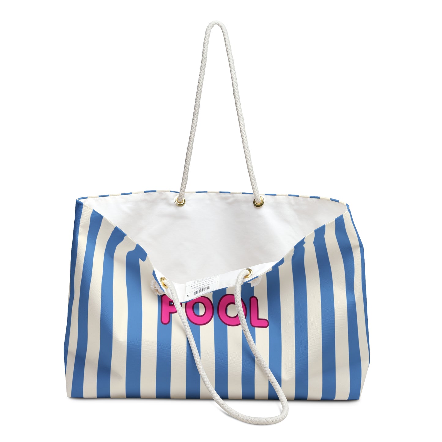 Blue and white striped tote bag with 'POOL' text on a white background