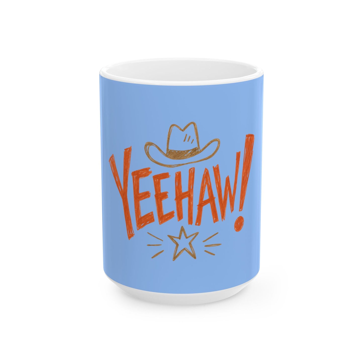 A light blue ceramic mug with a white interior and base, featuring a hand-drawn style graphic of the word 'YEEHAW!' in orange with a cowboy hat and star illustration above and below.