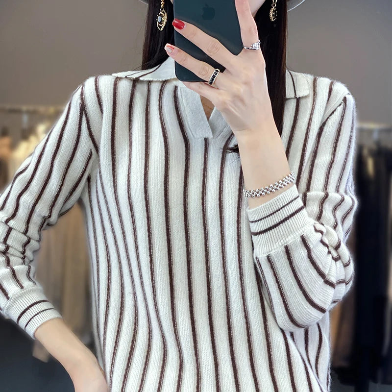 Retro Striped Women's Wool Pullover, Preppy Shirt