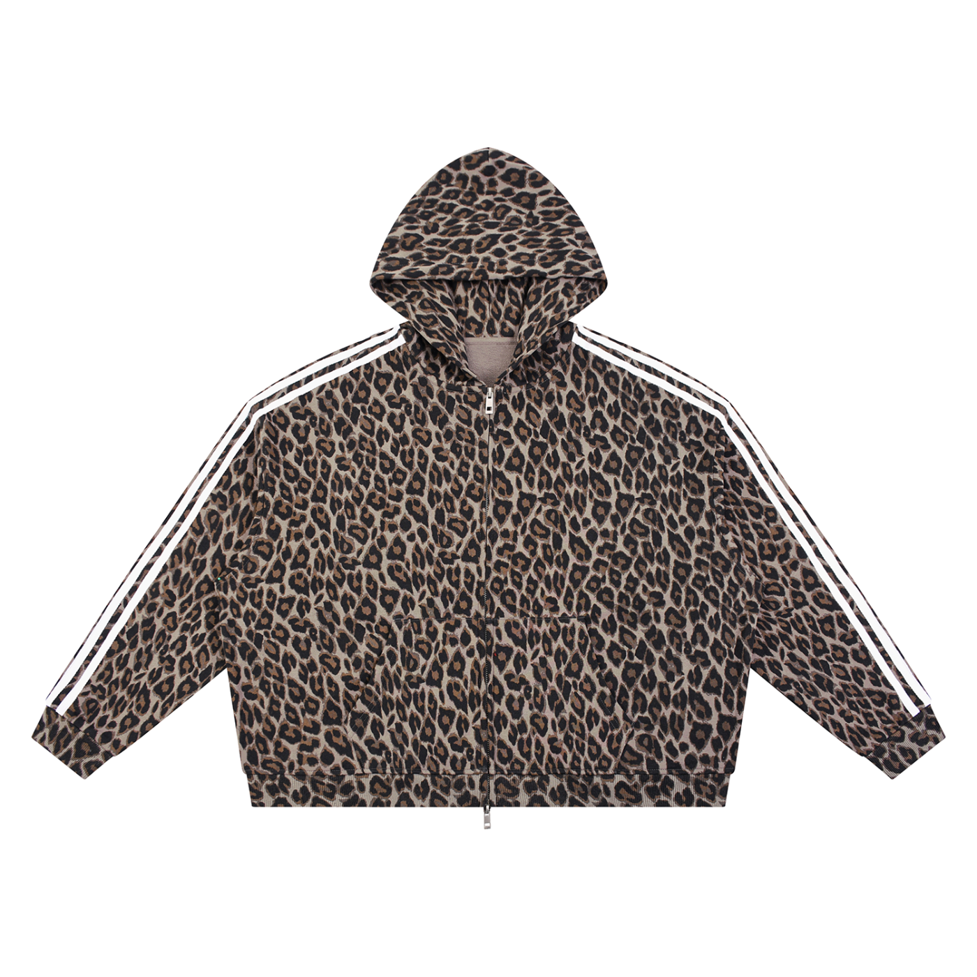 A cropped zip-up hoodie featuring a brown and black leopard print pattern, with white double stripes running down the sleeves, shown against a plain white background.