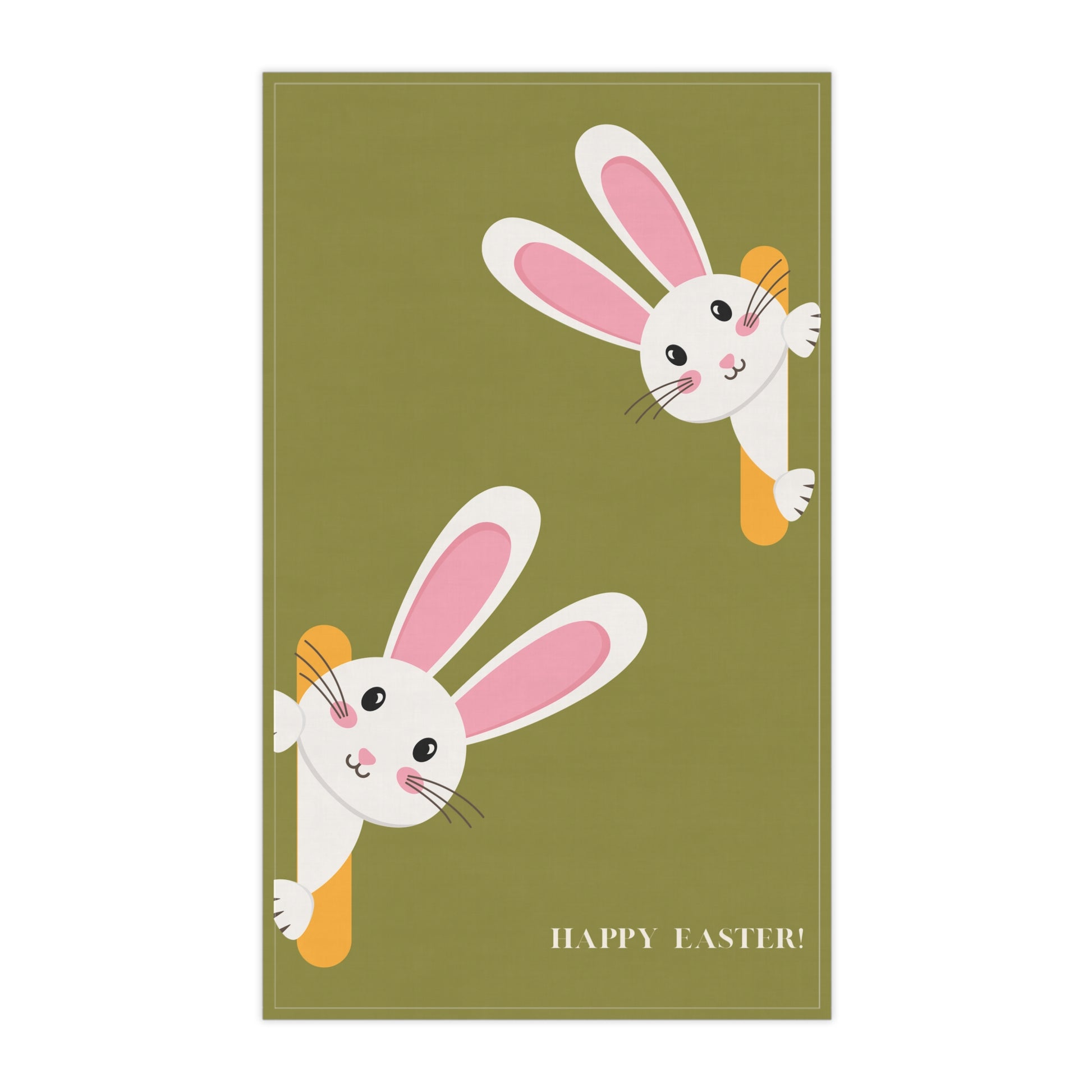 Green towel with cartoon bunnies and 'Happy Easter!' text on a white background