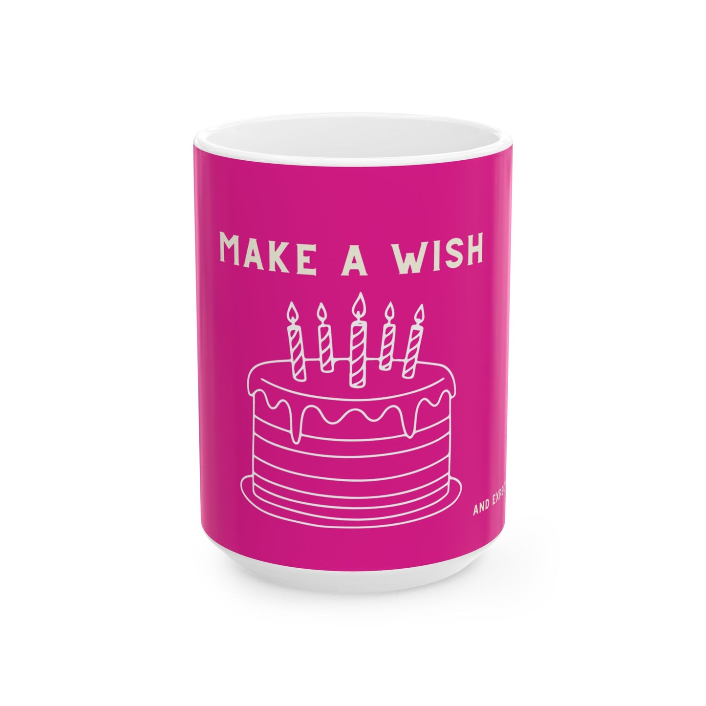 Pink mug with a white cake illustration and 'Make a Wish' text on a white background