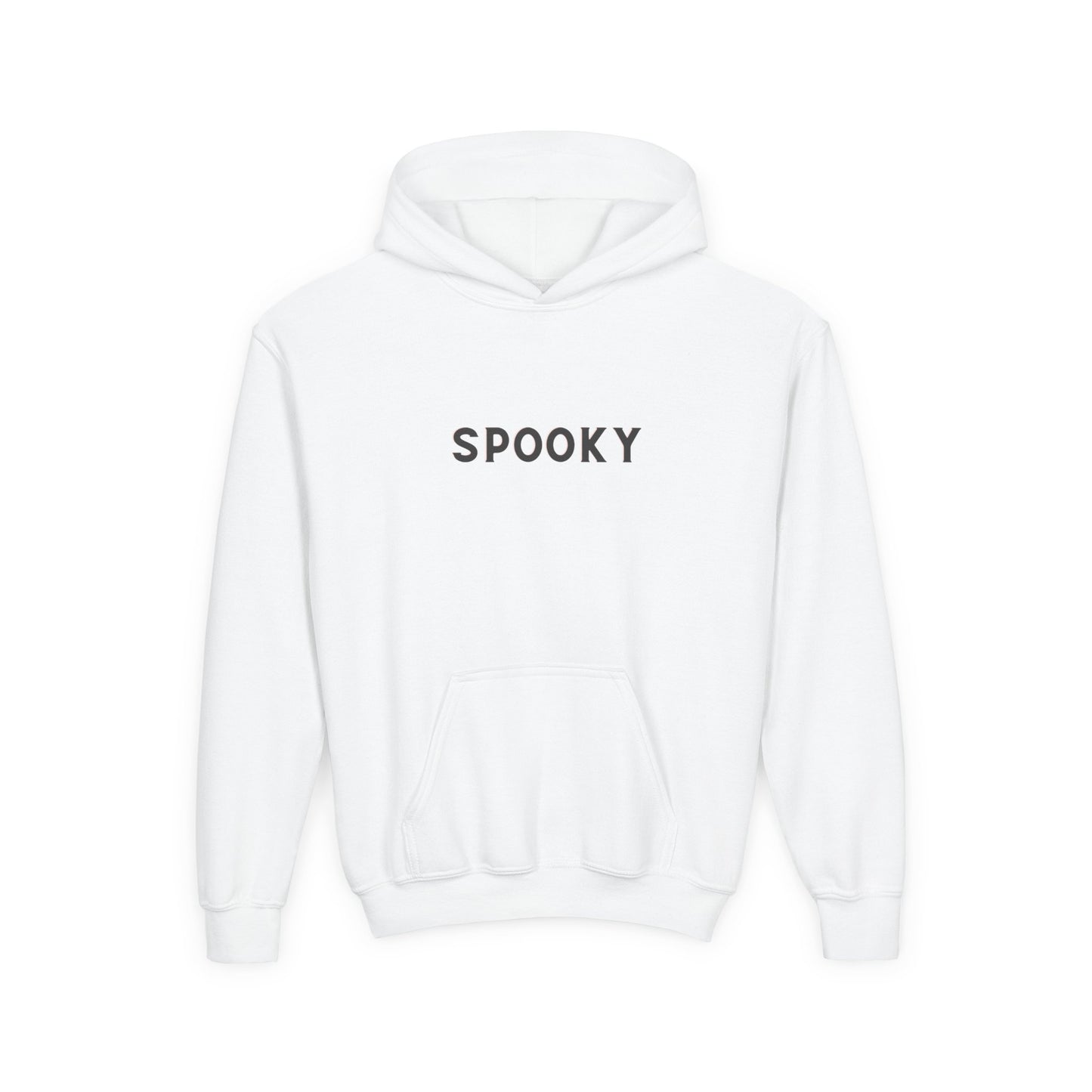 White Youth hoodie with 'SPOOKY' text on a white background