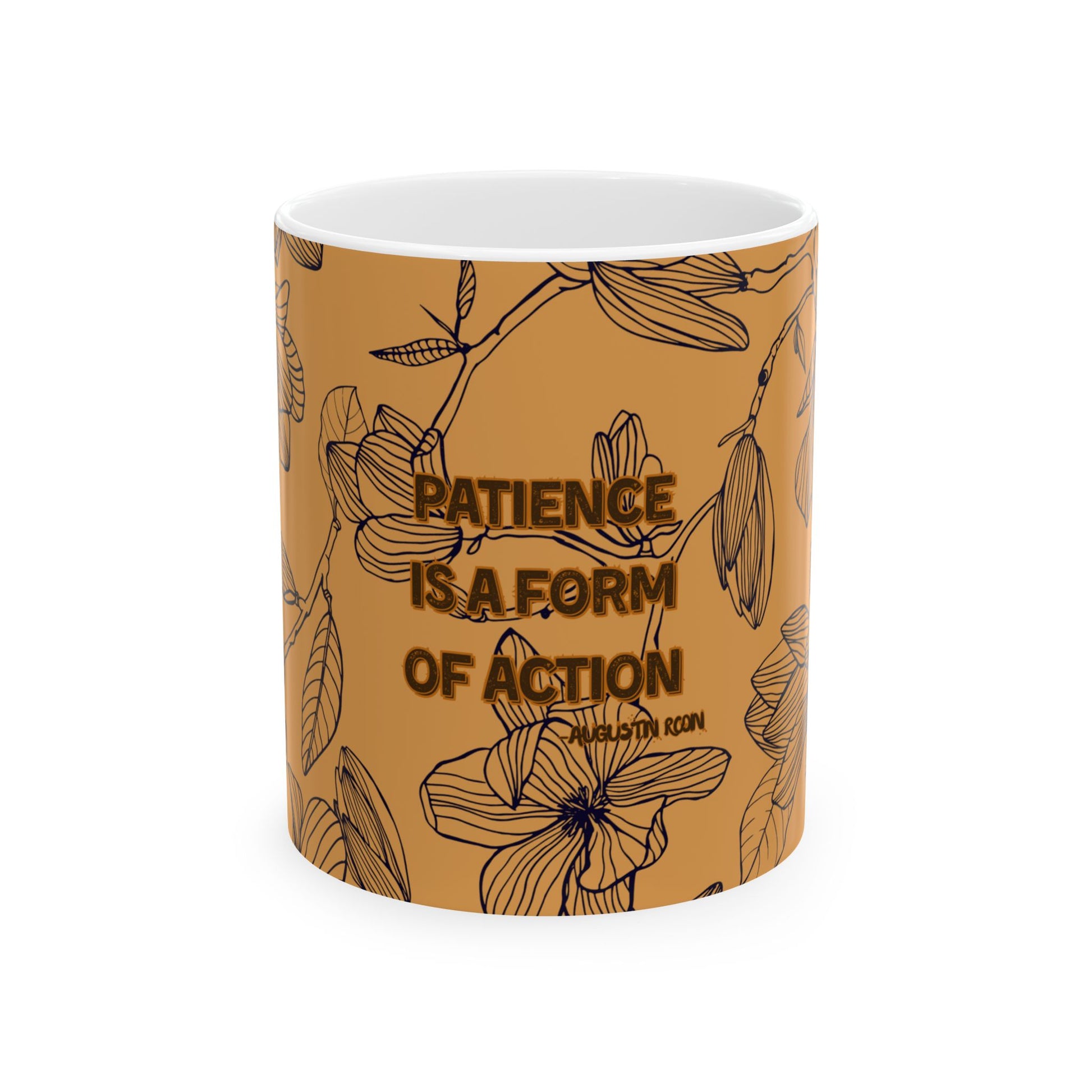 Mug with floral design and text on a white background