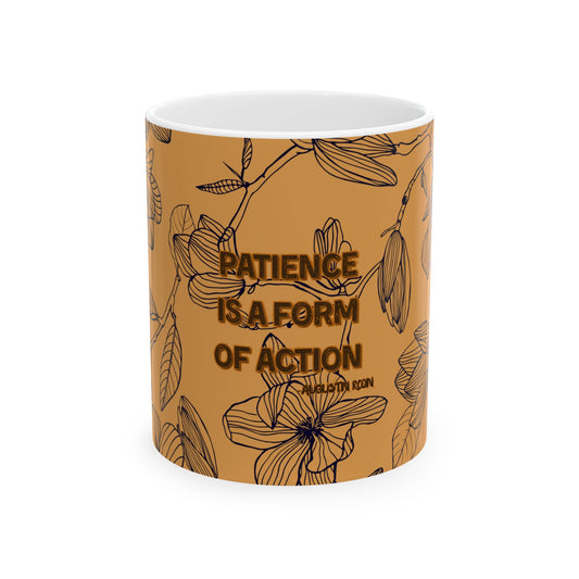 Mug with floral design and text on a white background