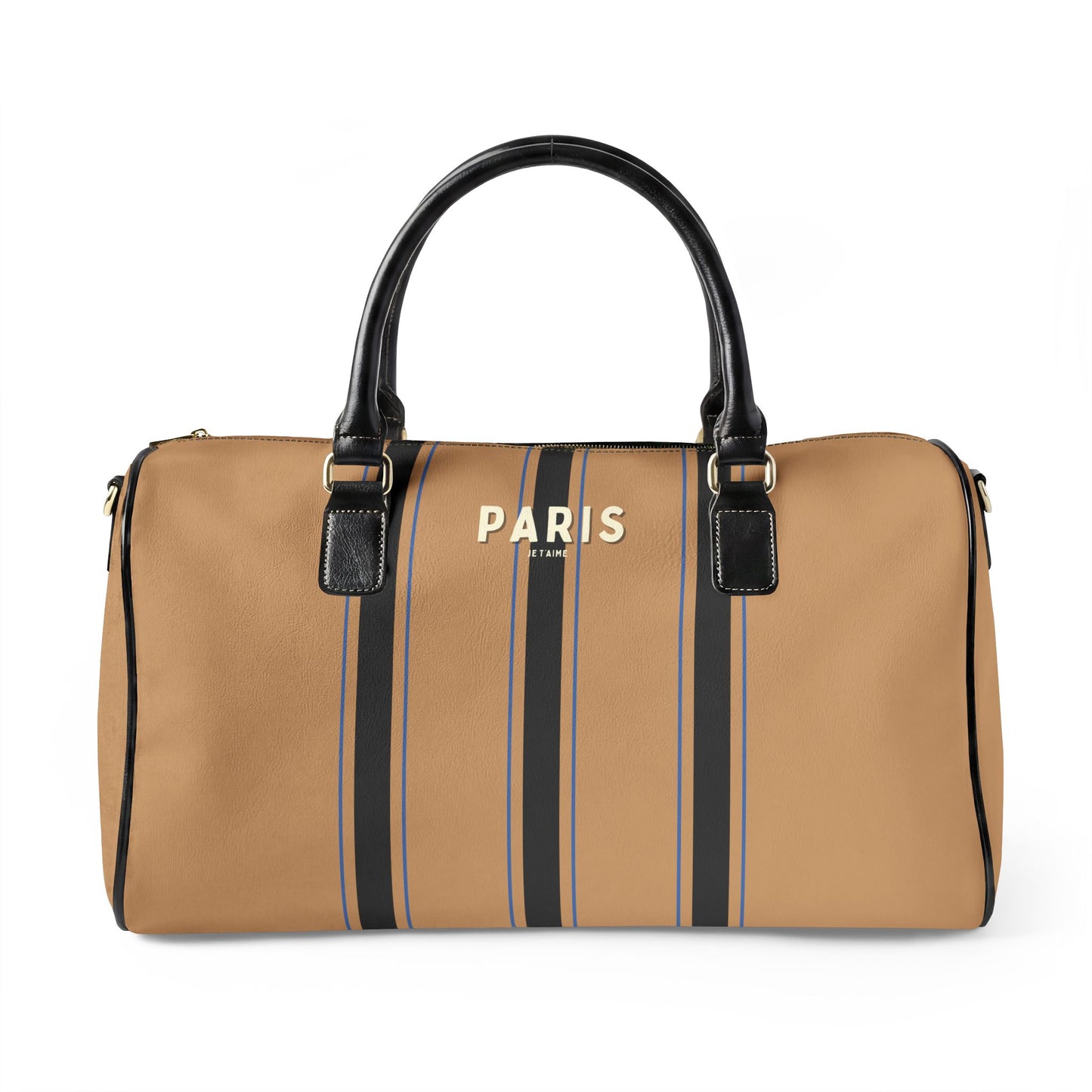 Tan duffel bag with black straps and 'Paris' branding on a white background