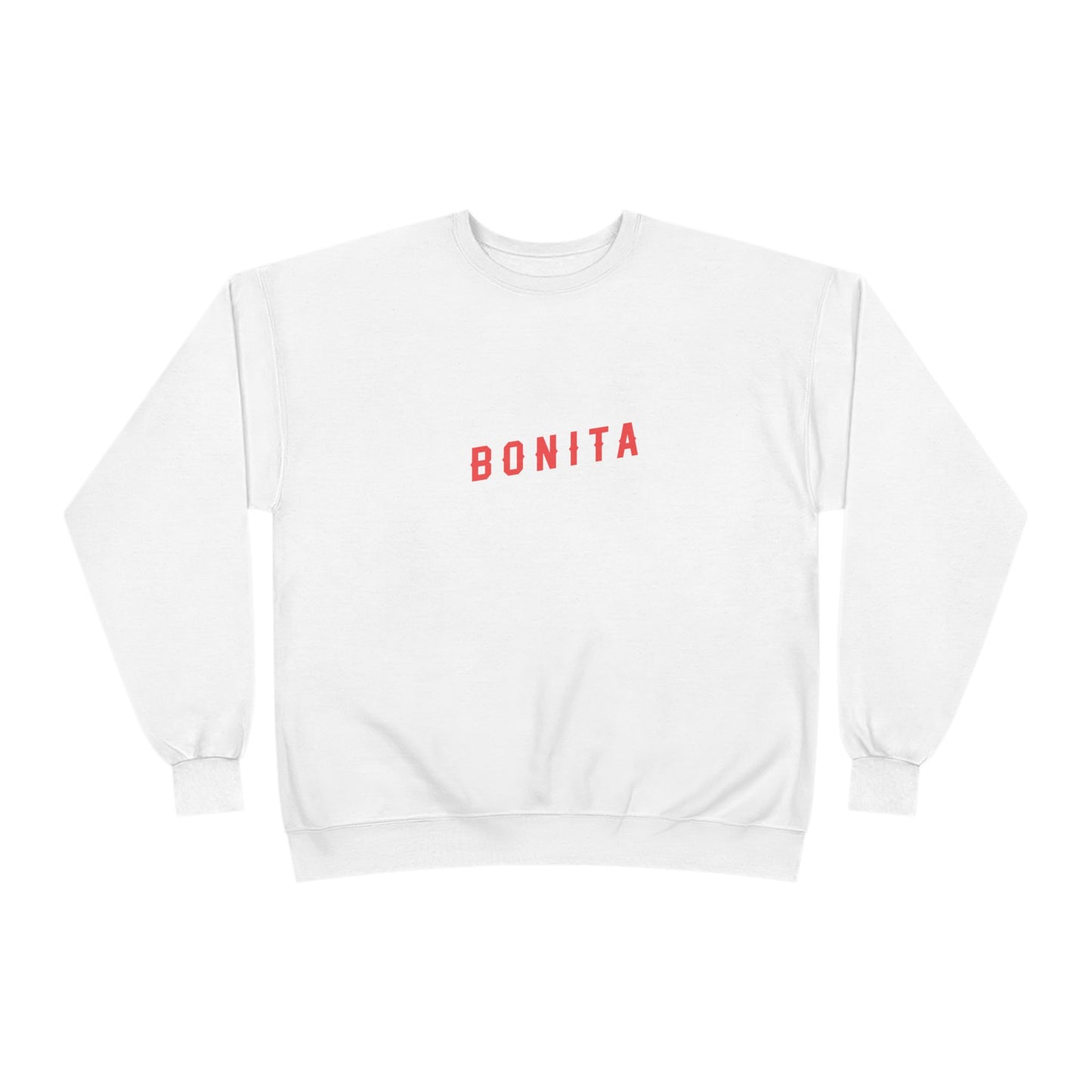 White sweatshirt with 'BONITA' text in red on a white background