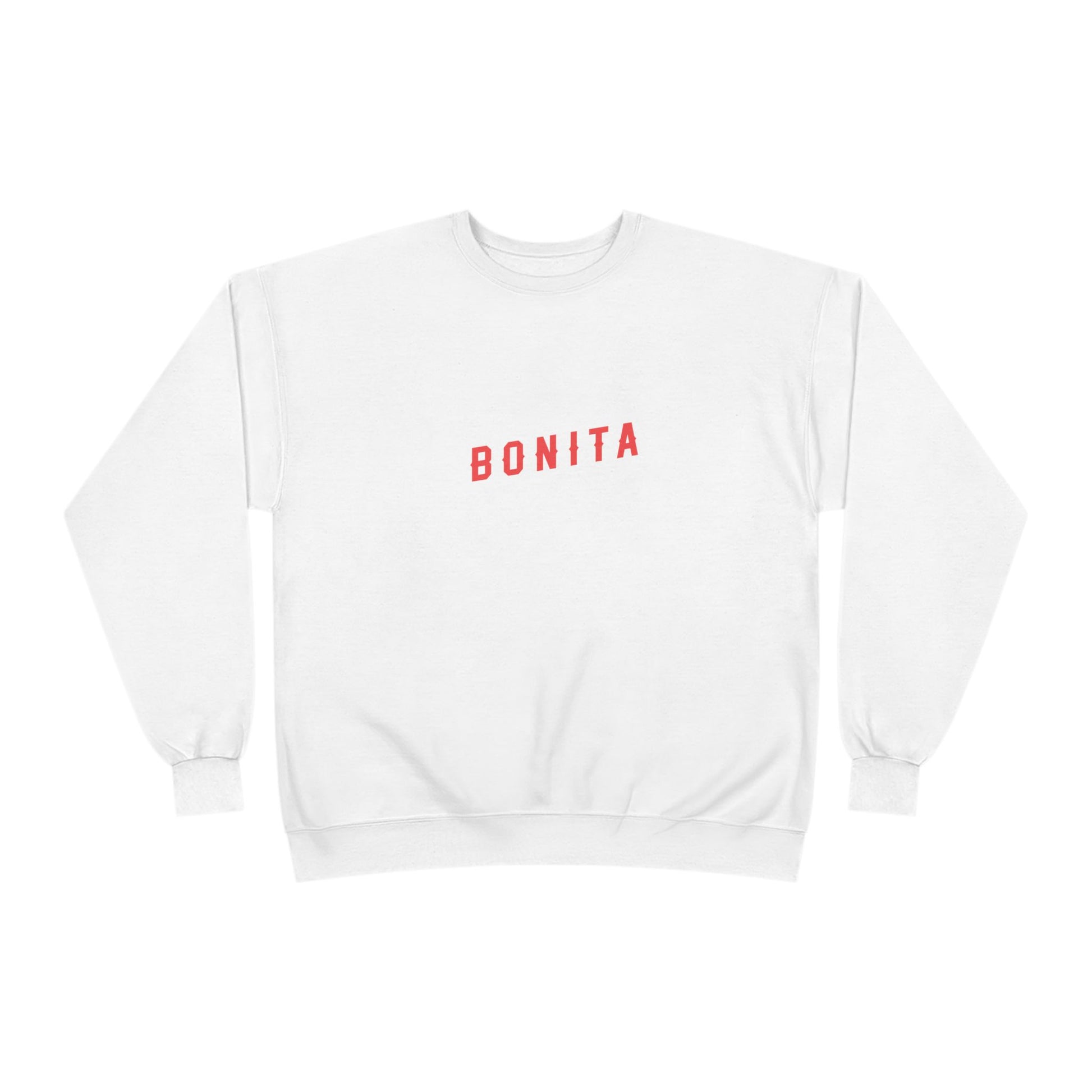 White sweatshirt with 'BONITA' text in red on a white background