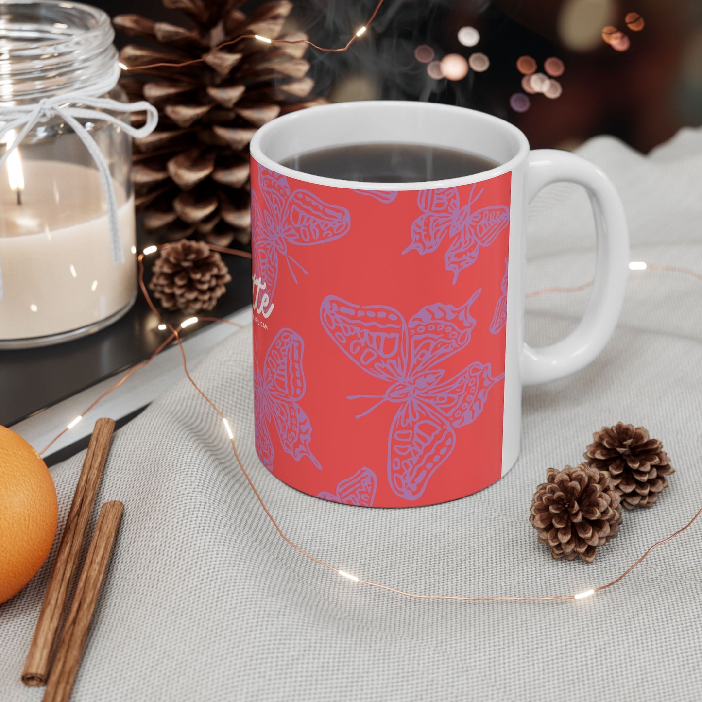 Coquette Butterfly Ceramic Mug,  Red Coffee Cup