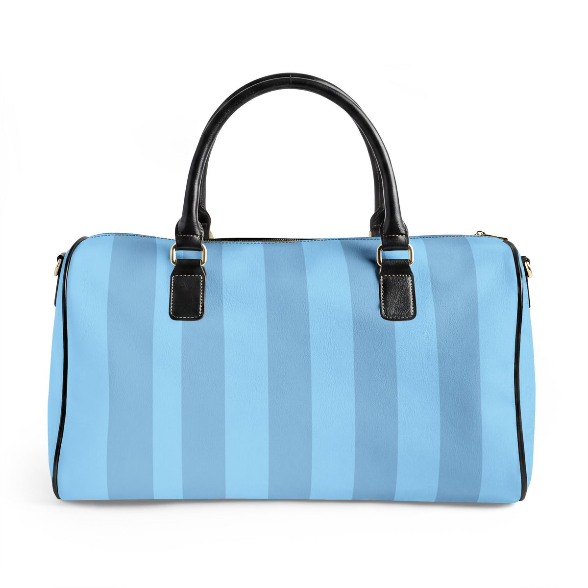 A light blue and medium blue vertically striped duffle bag with black leather handles and trim, shown on a plain white background.
