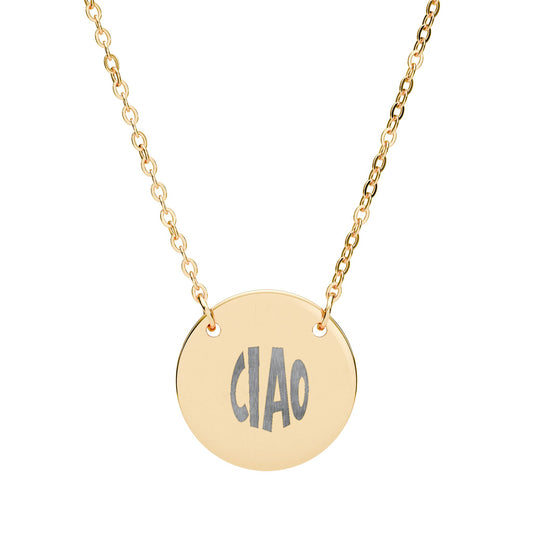 Gold necklace with a round pendant displaying the word 'CIAO' on a white background