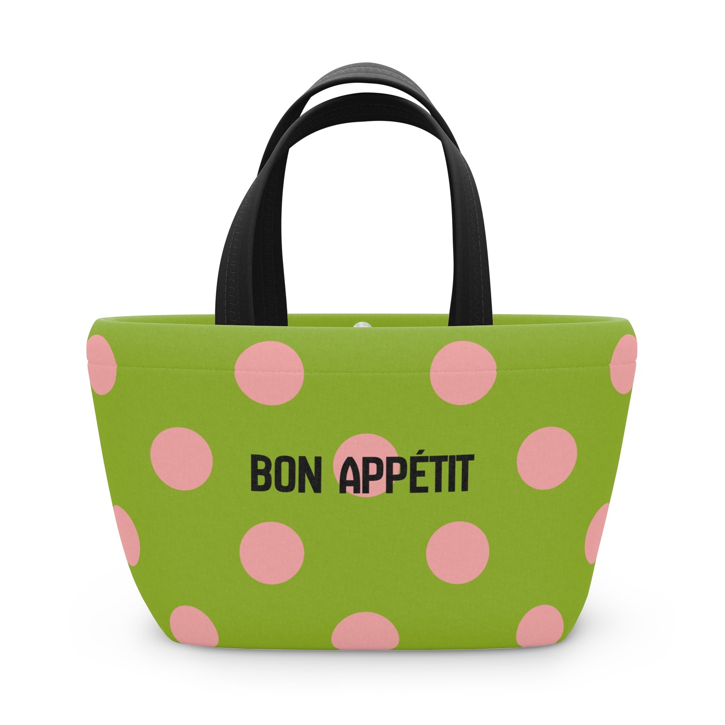 Green tote bag with pink polka dots and 'Bon Appetit' text on a white background