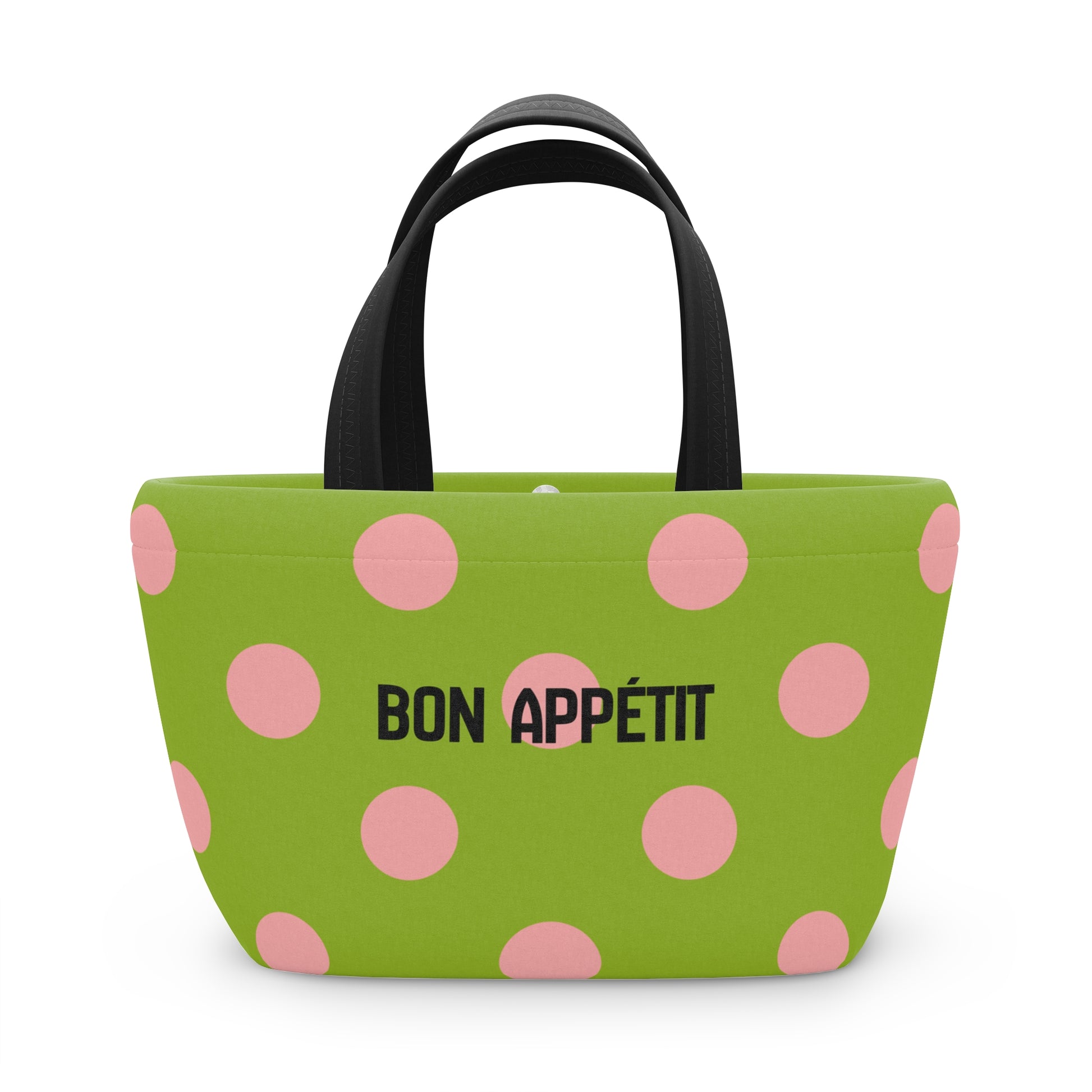 Green tote bag with pink polka dots and 'Bon Appetit' text on a white background