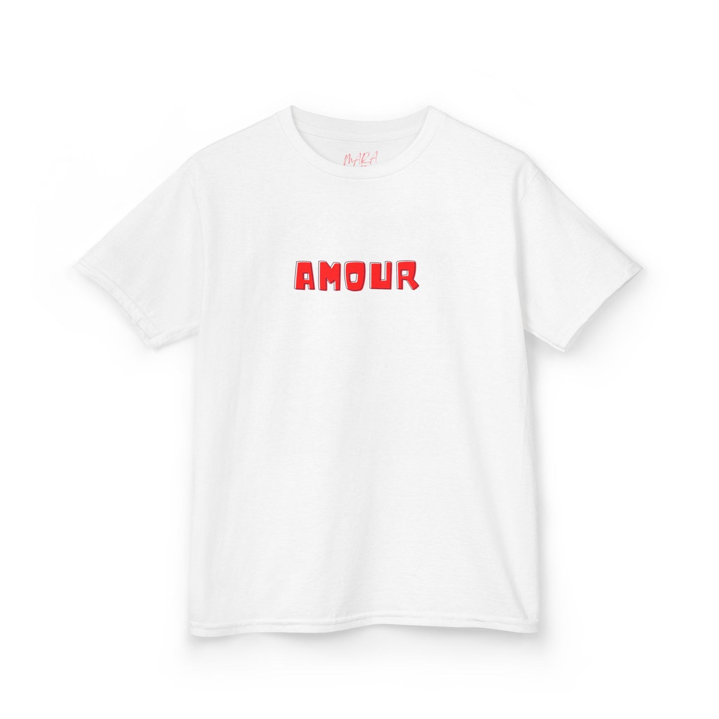 White t-shirt with red 'AMOUR' text on a white background