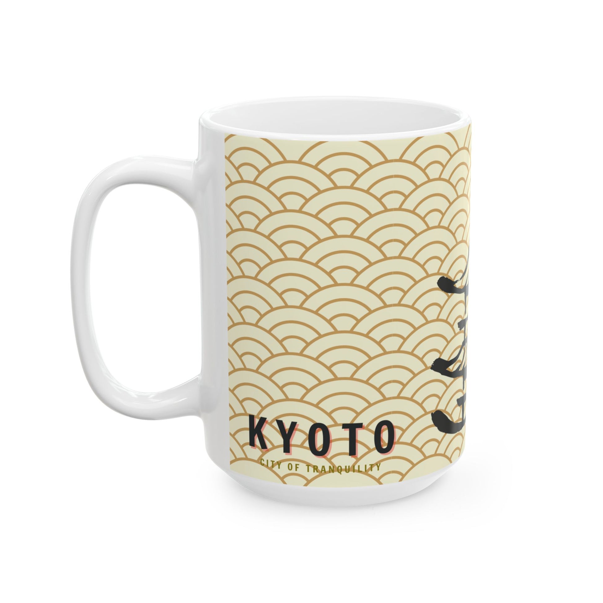 White mug with gold wave pattern and 'Kyoto' text on a white background