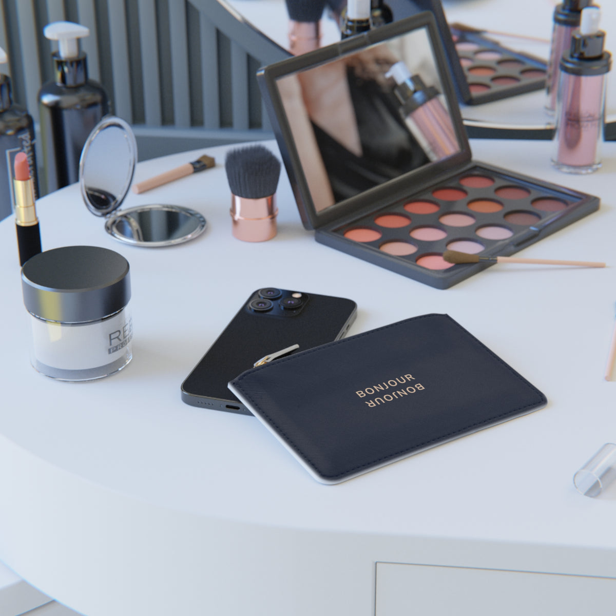 Makeup products and accessories on a white surface