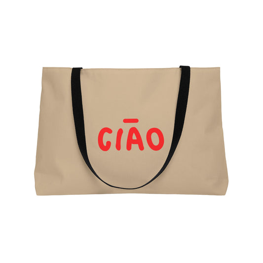 Beige tote bag with red text 'GIÓO' and black handles on a white background
