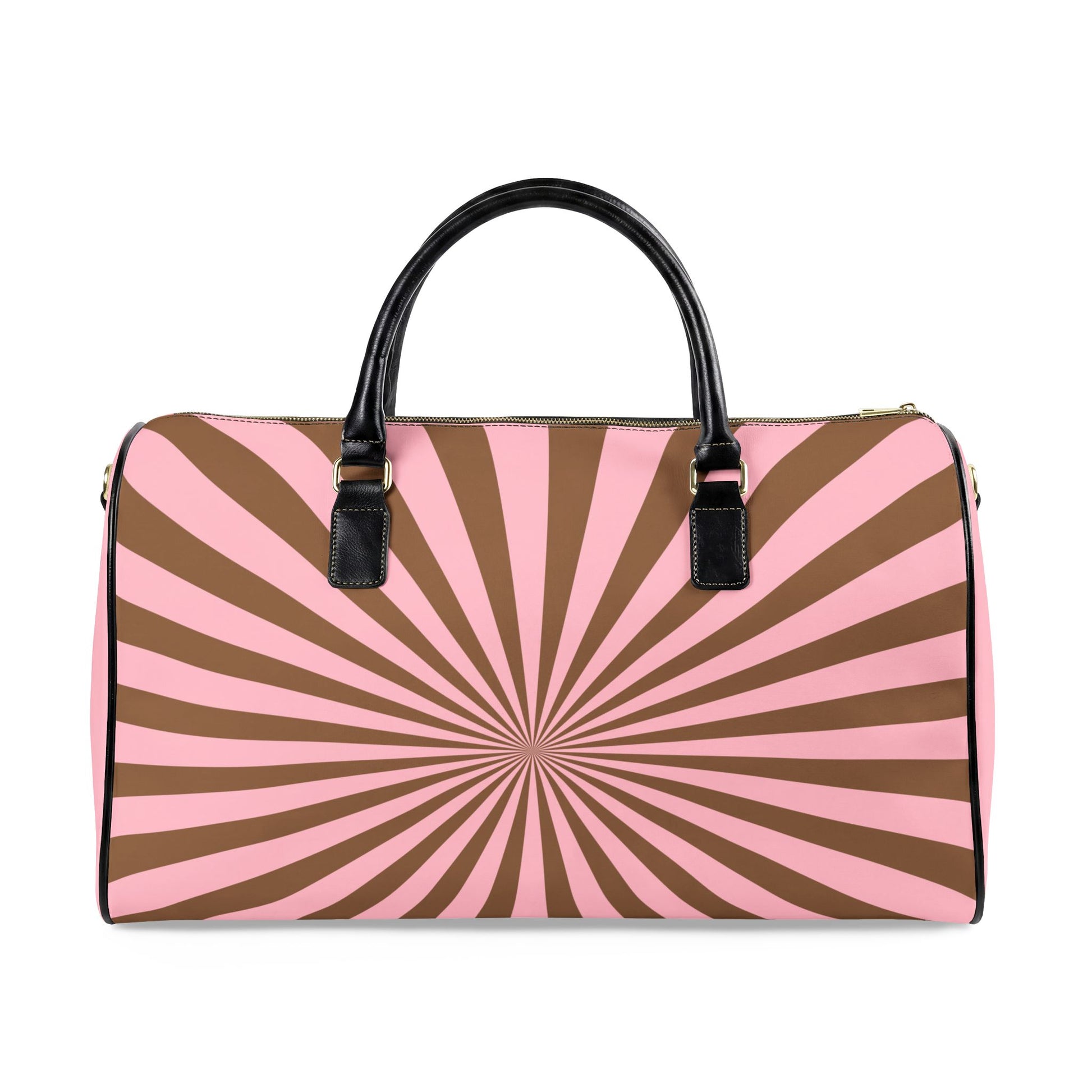 Duffle bag with pink and brown sunburst pattern on a white background