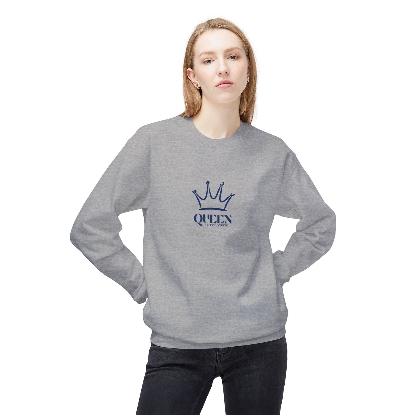 Person wearing a gray sweatshirt with a blue crown design and 'QUEEN' text on a white background
