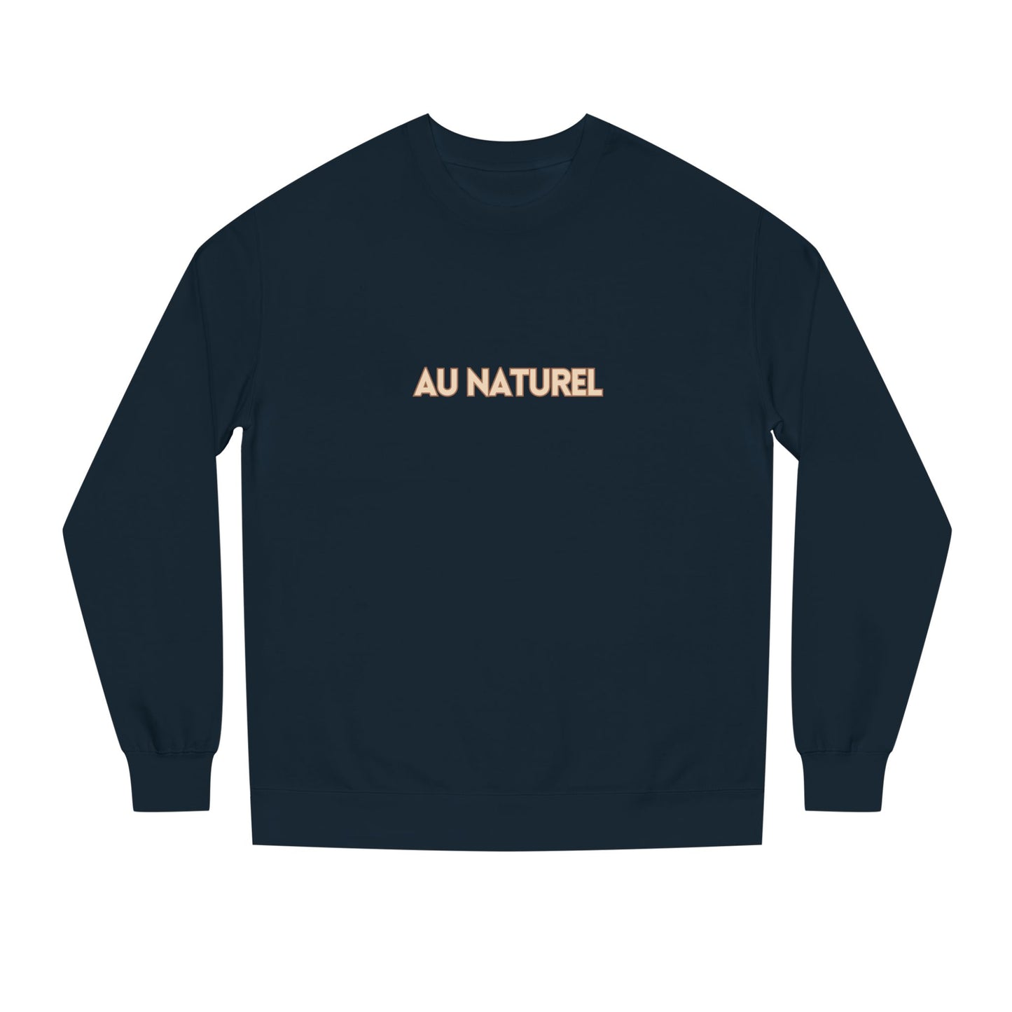 Navy blue long-sleeve shirt with 'AU NATUREL' text on a white background