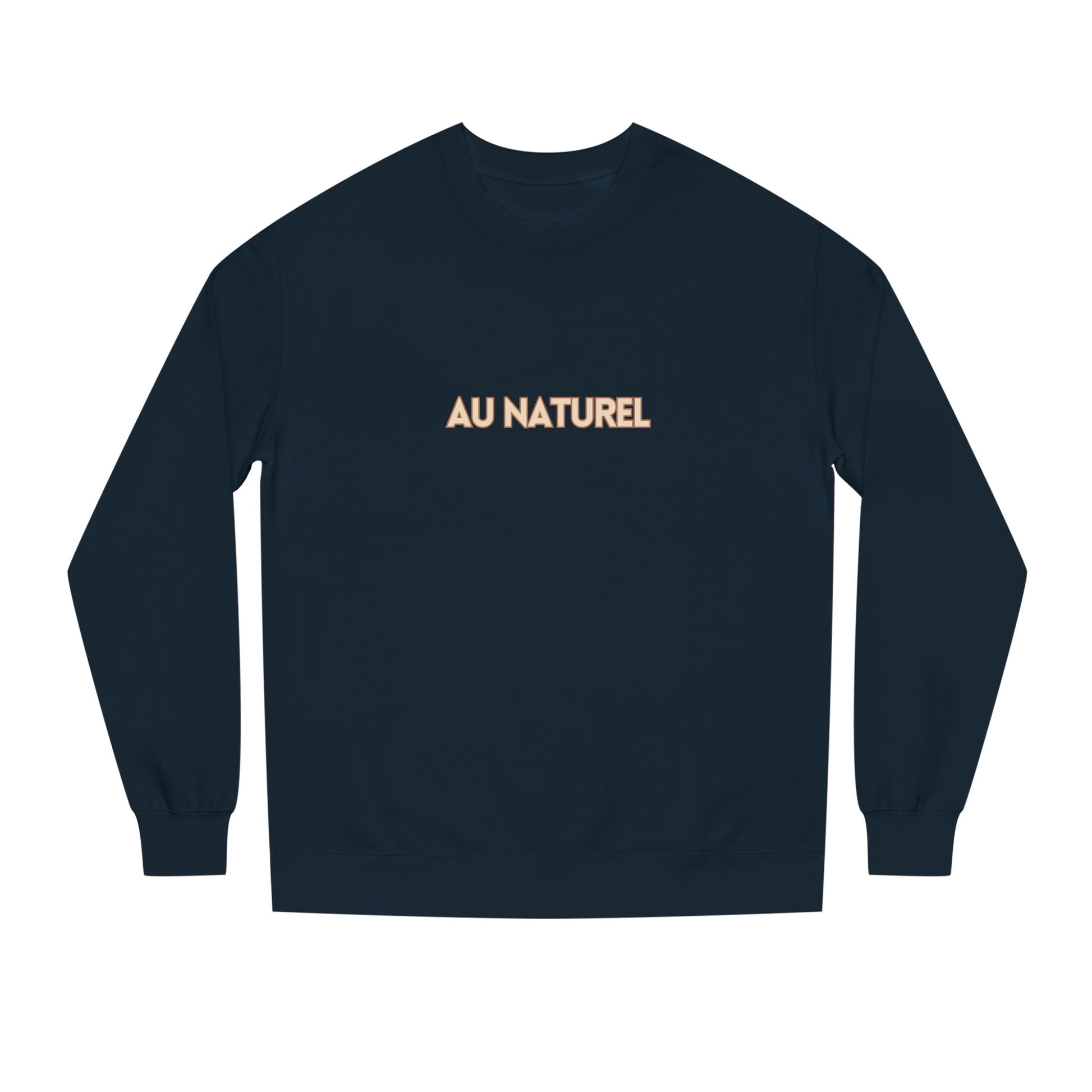 Navy blue long-sleeve shirt with 'AU NATUREL' text on a white background