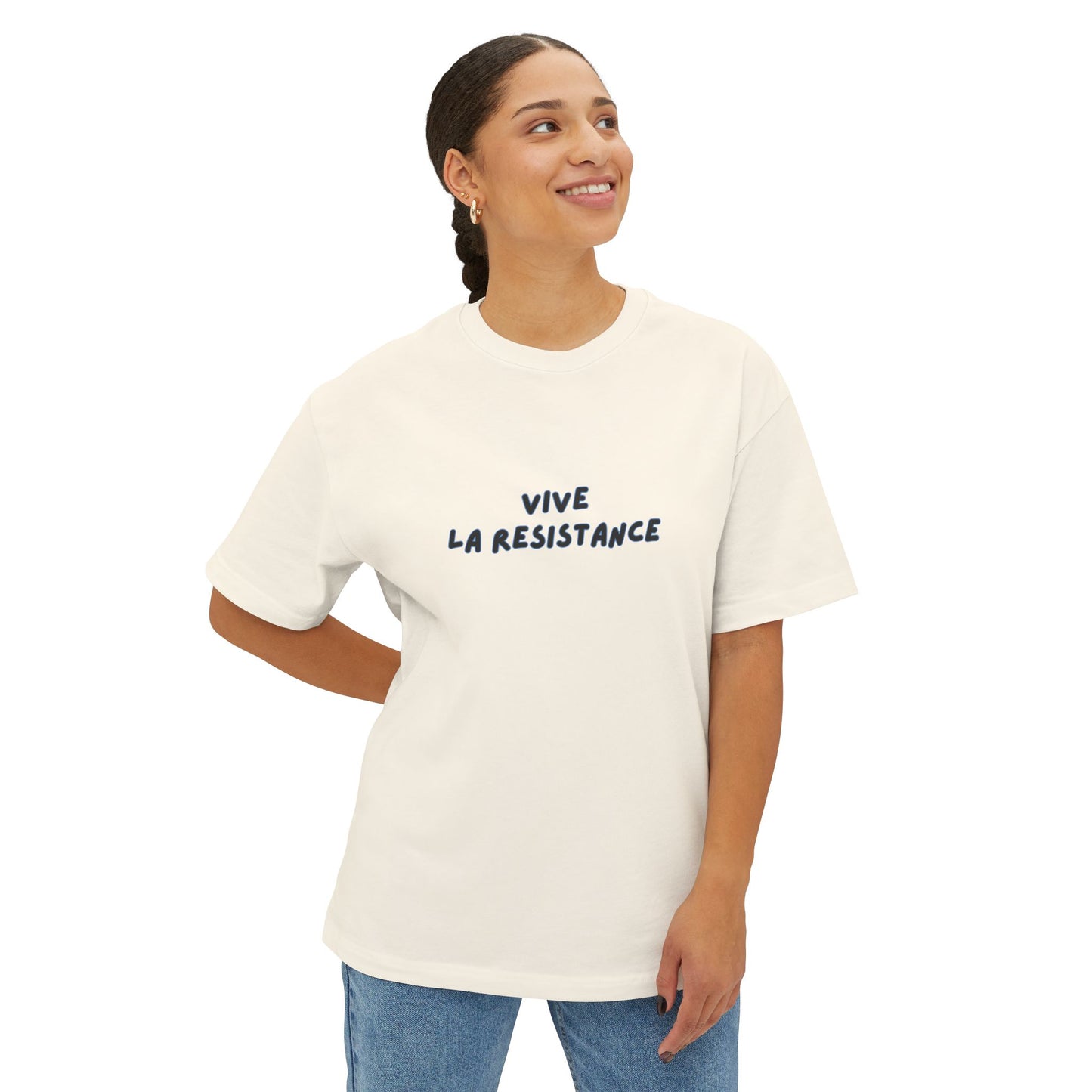 Woman wearing a white t-shirt with 'Vive La Resistance' text on a white background