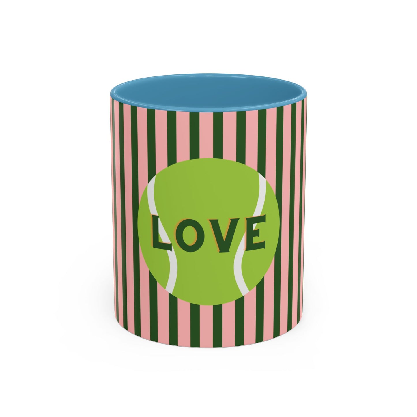 Mug with striped pattern and tennis ball design featuring the word 'LOVE'.