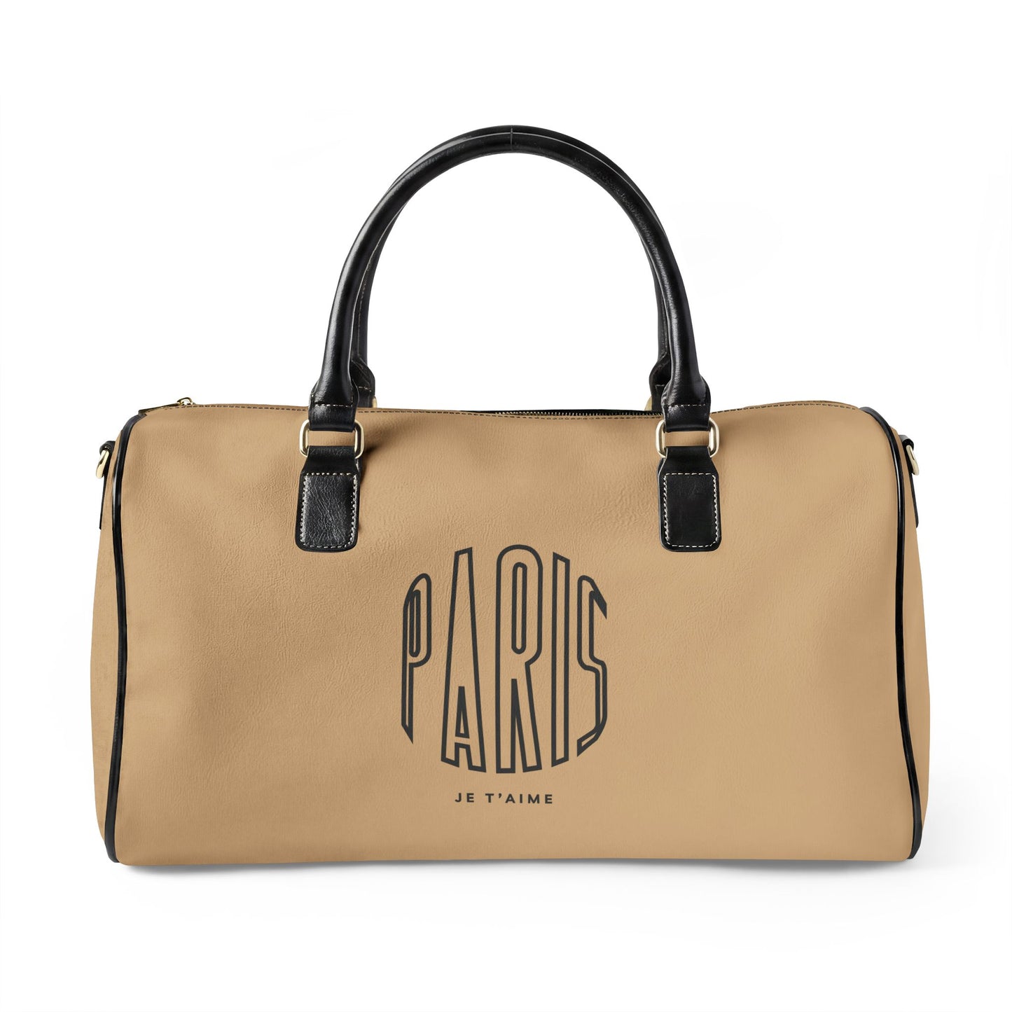 Beige duffel bag with 'Paris Je T'aime' text on a white background