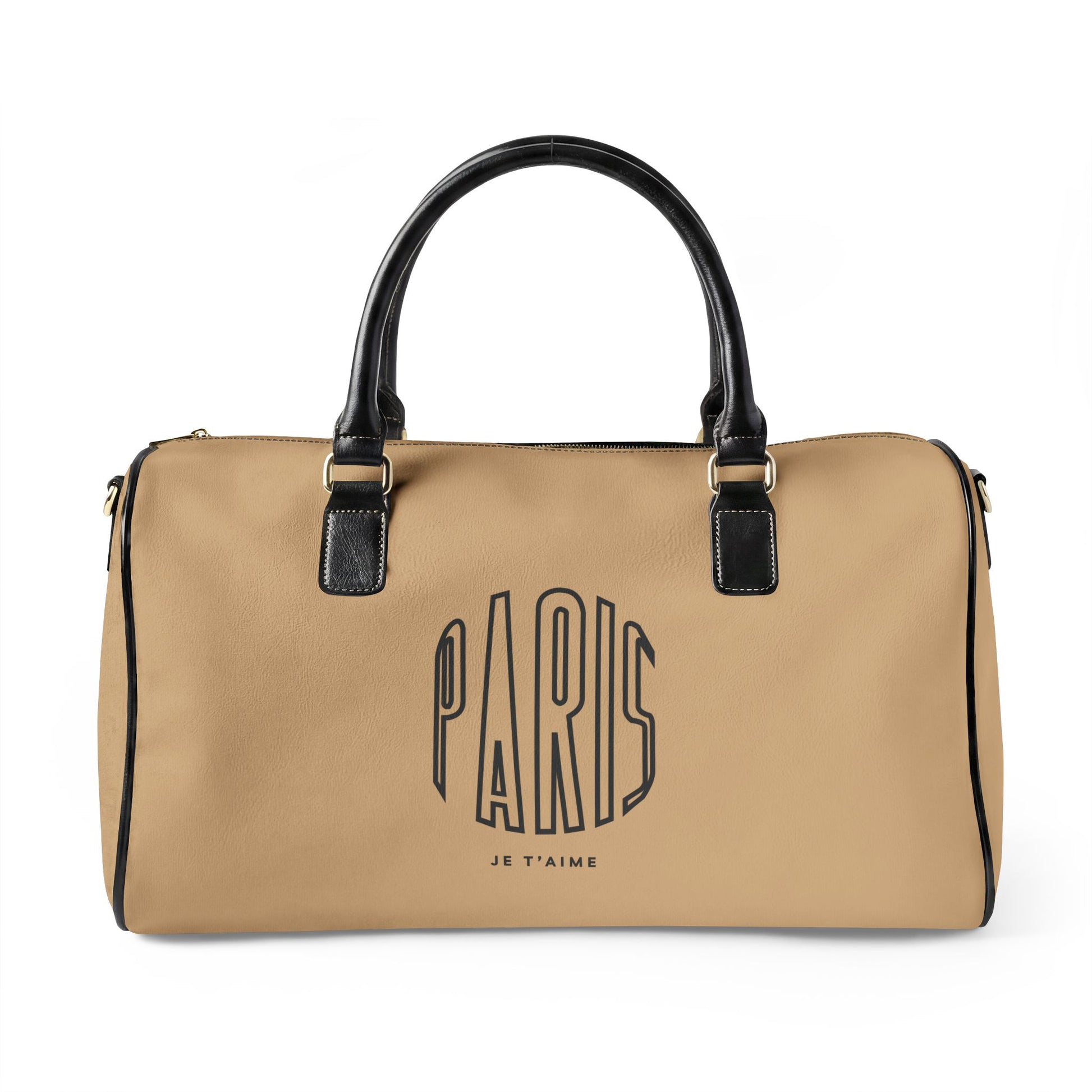 Beige duffel bag with 'Paris Je T'aime' text on a white background