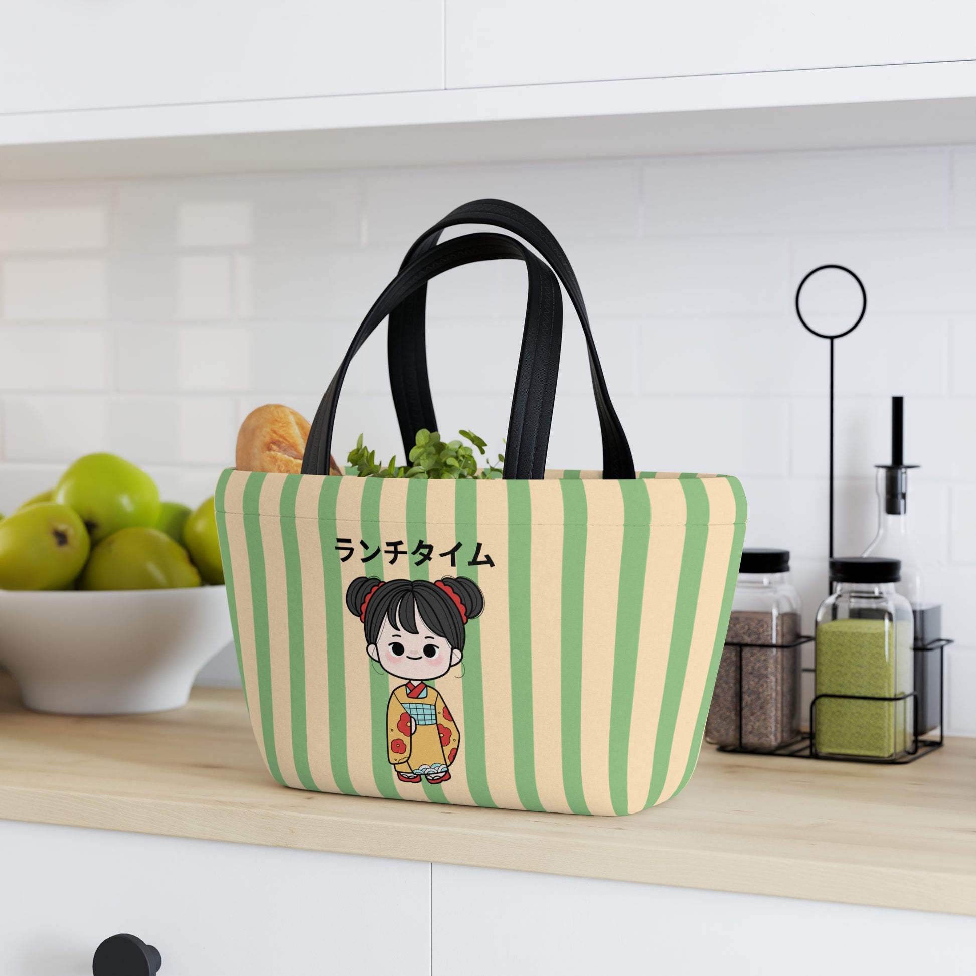 A green and cream striped tote bag with black handles sits on a kitchen counter, filled with vegetables. The front features a cartoon girl in a kimono with Japanese text 'シルアンタイ'.