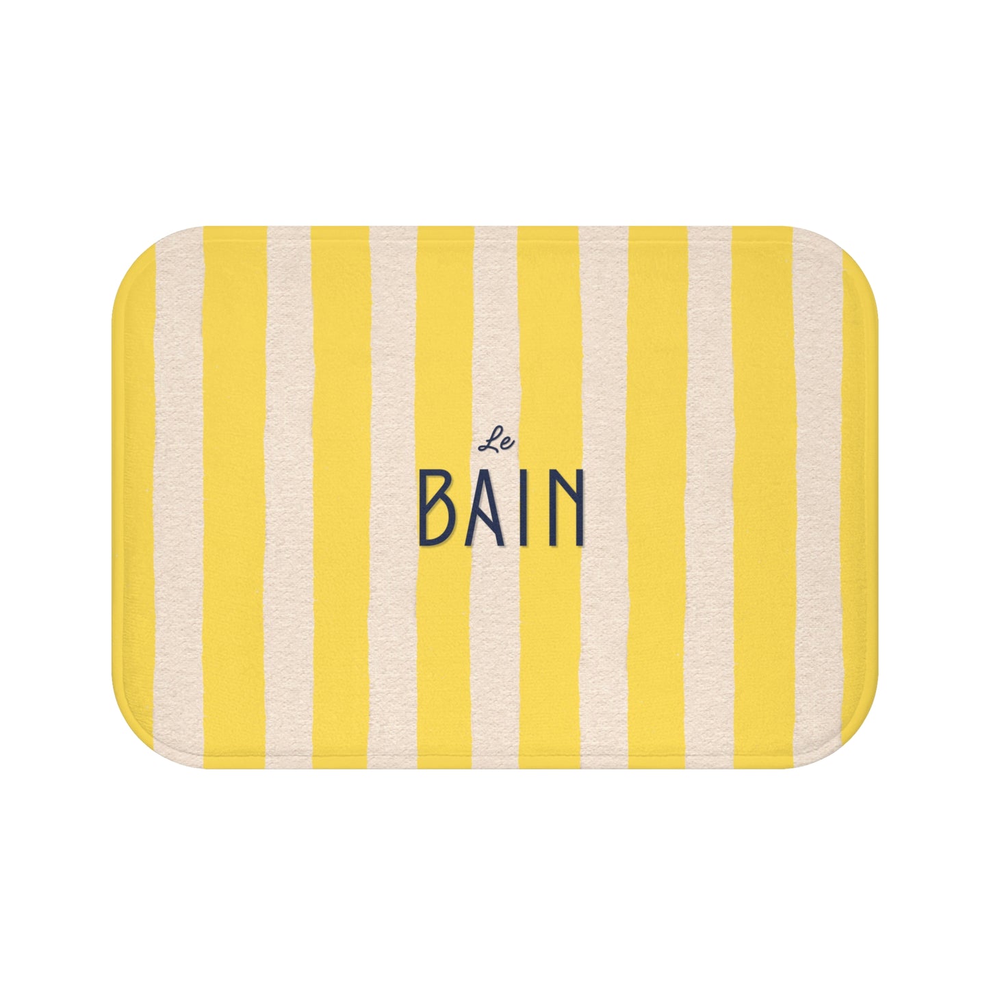 Yellow and white striped bath mat with 'Le Bain' text on a white background