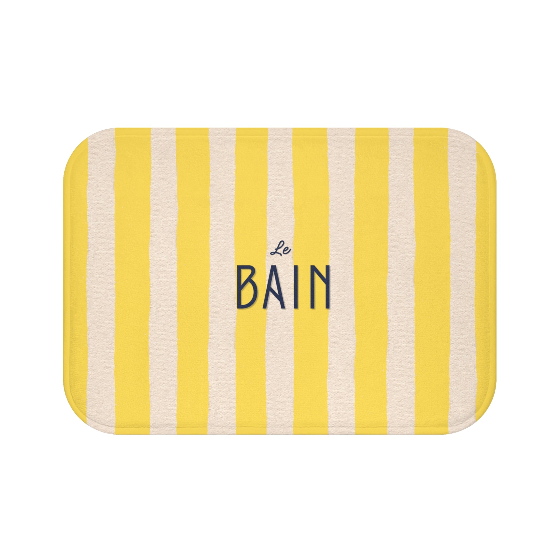 Yellow and white striped bath mat with 'Le Bain' text on a white background