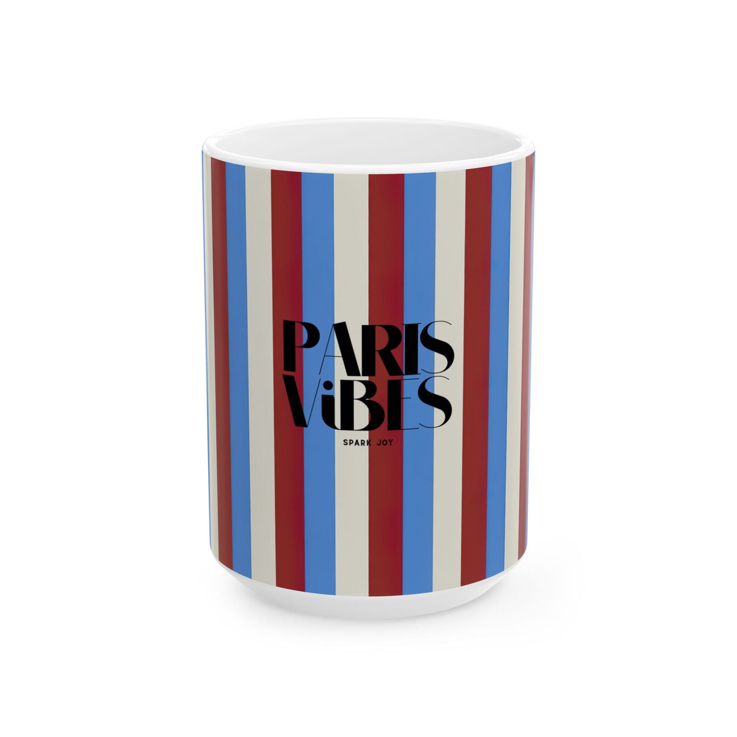 Mug with striped design and 'Paris Vibes' text on a white background
