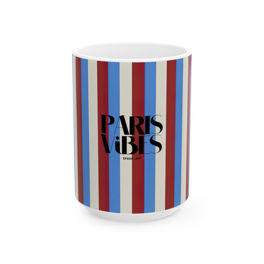 Mug with striped design and 'Paris Vibes' text on a white background