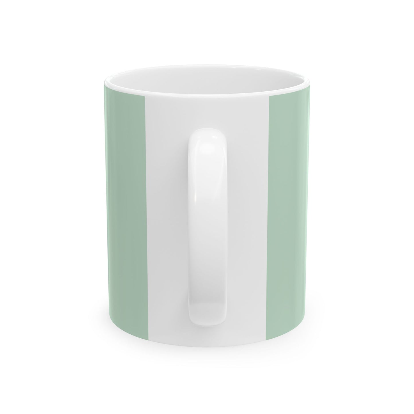 A white ceramic mug with two vertical sage green stripes on either side of the handle, shown against a plain white background.