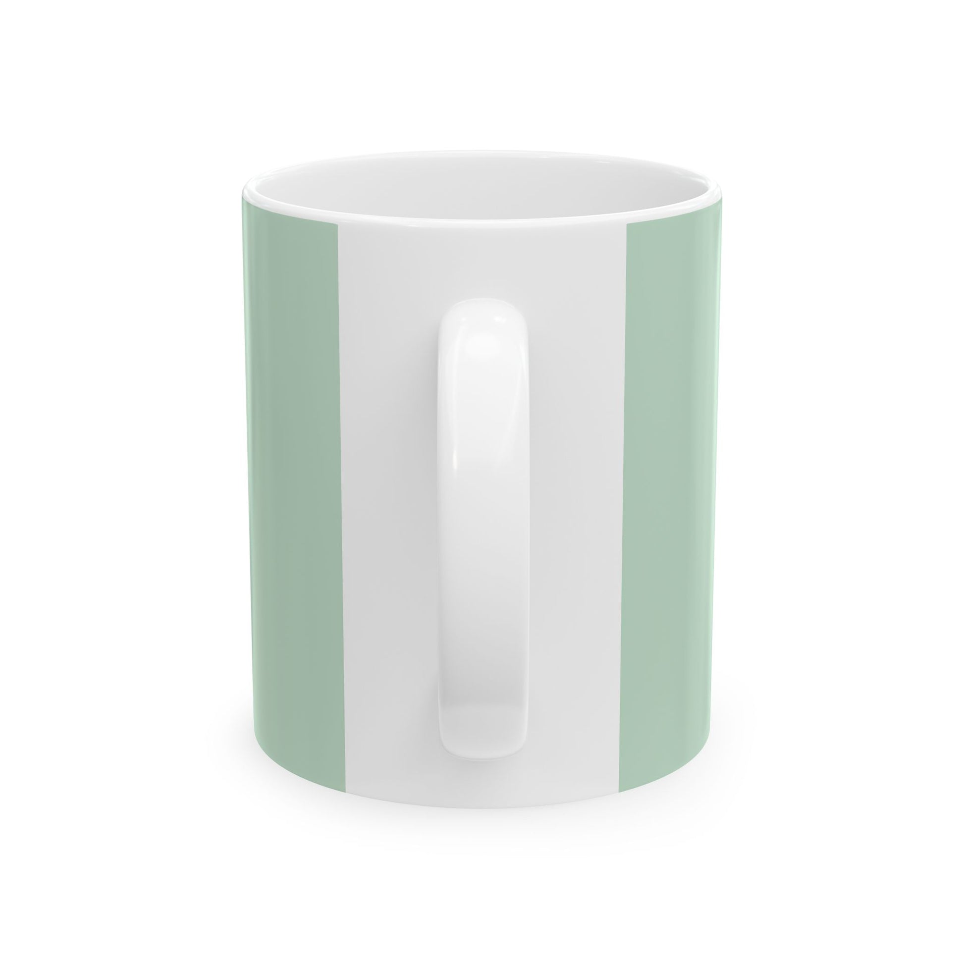 A white ceramic mug with two vertical sage green stripes on either side of the handle, shown against a plain white background.