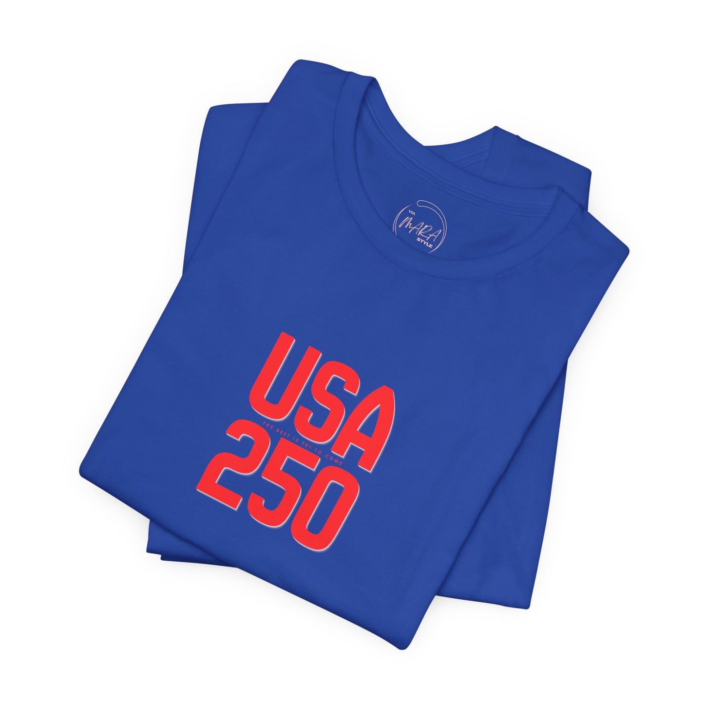 Folded blue t-shirt with 'USA 250' text in red on a white background
