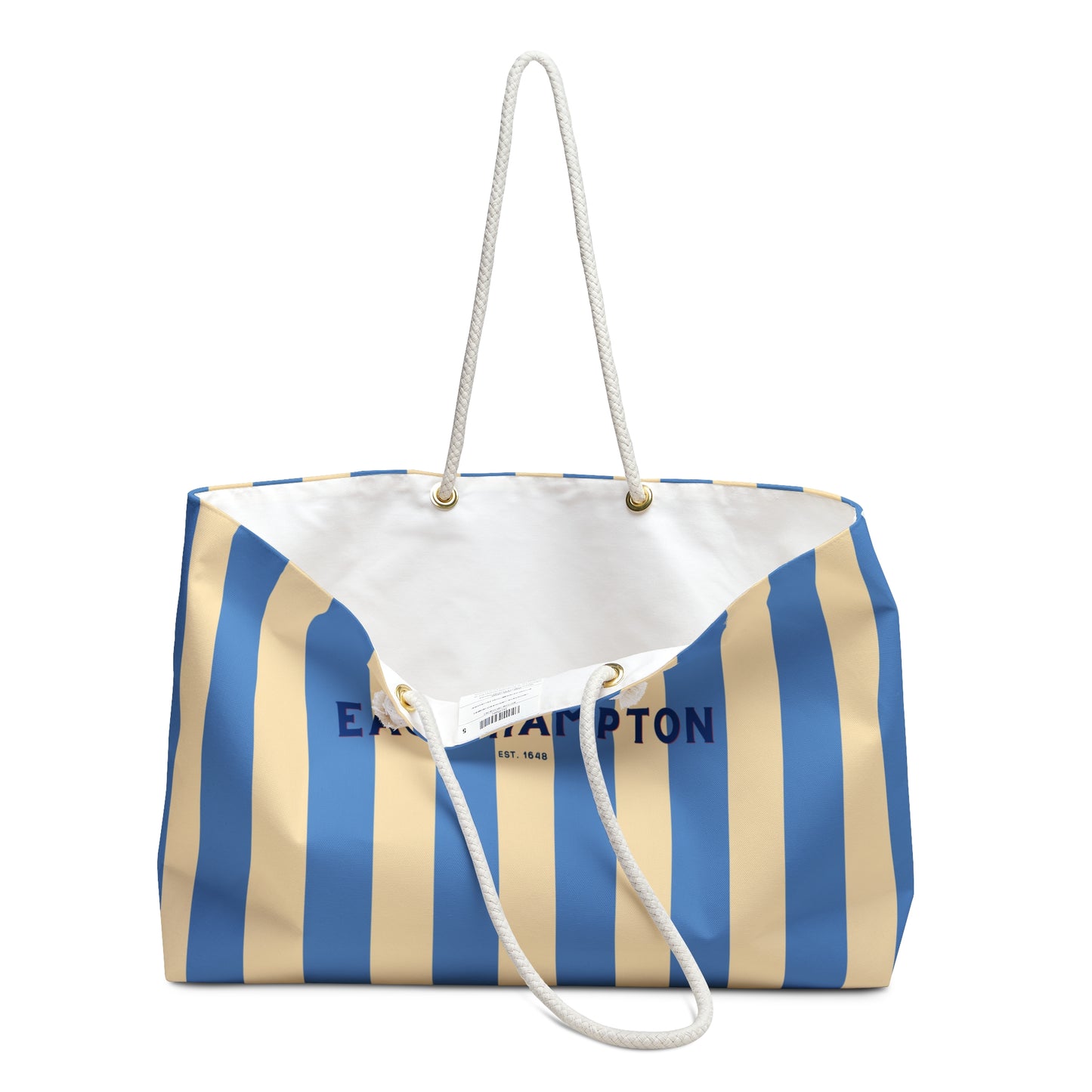 Striped bag with 'East Hampton' text on a white background