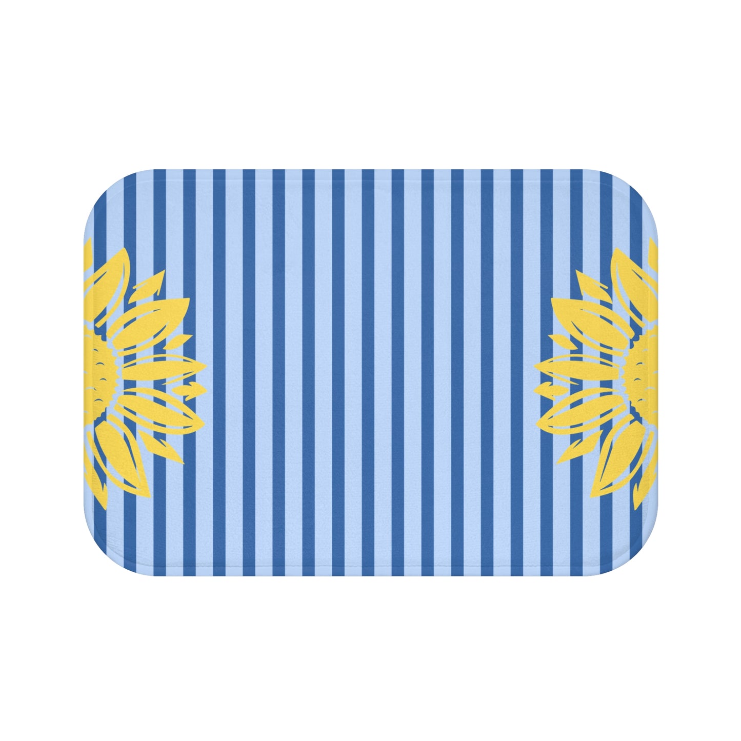 A rectangular mat with rounded corners, featuring a blue and light blue vertical stripe pattern with yellow sunflower graphics on the left and right edges, shown on a plain white background.