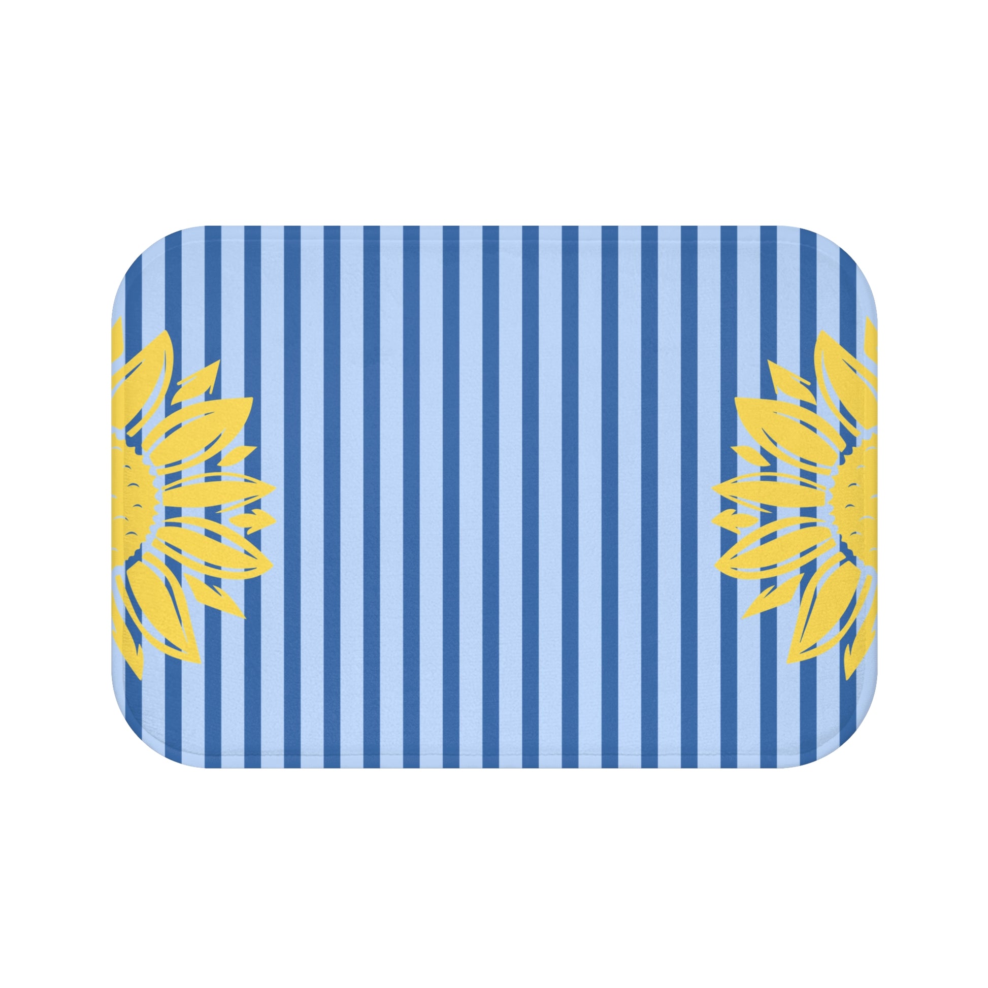 A rectangular mat with rounded corners, featuring a blue and light blue vertical stripe pattern with yellow sunflower graphics on the left and right edges, shown on a plain white background.