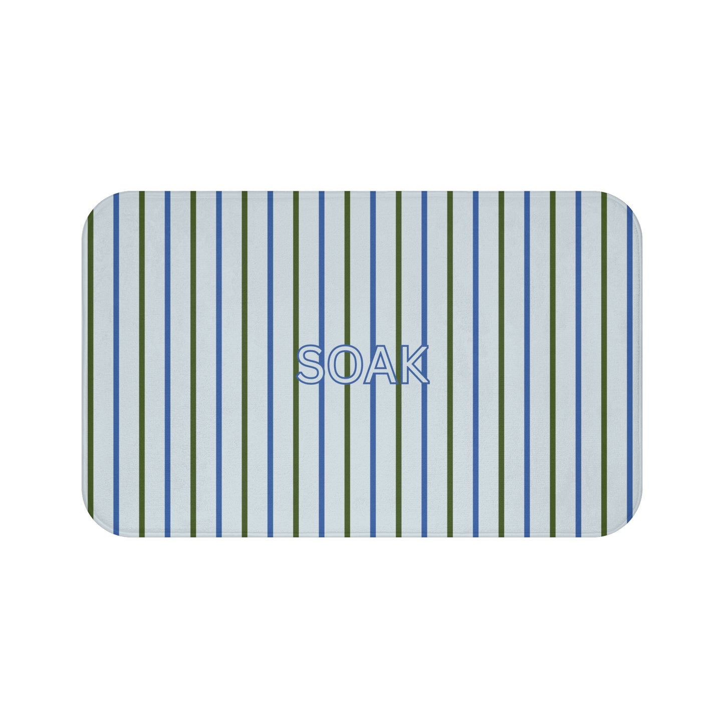 Striped bath mat with 'SOAK' text on a white background