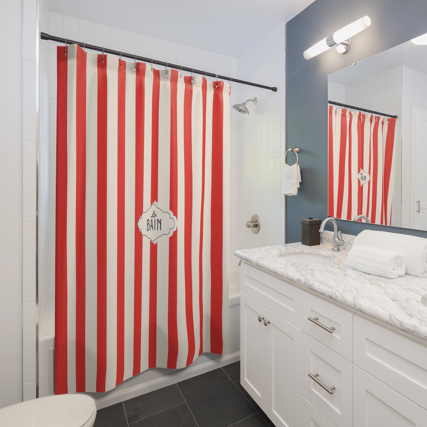 Shower Curtain — RED Striped French 'Le Bain' Bathroom Decor